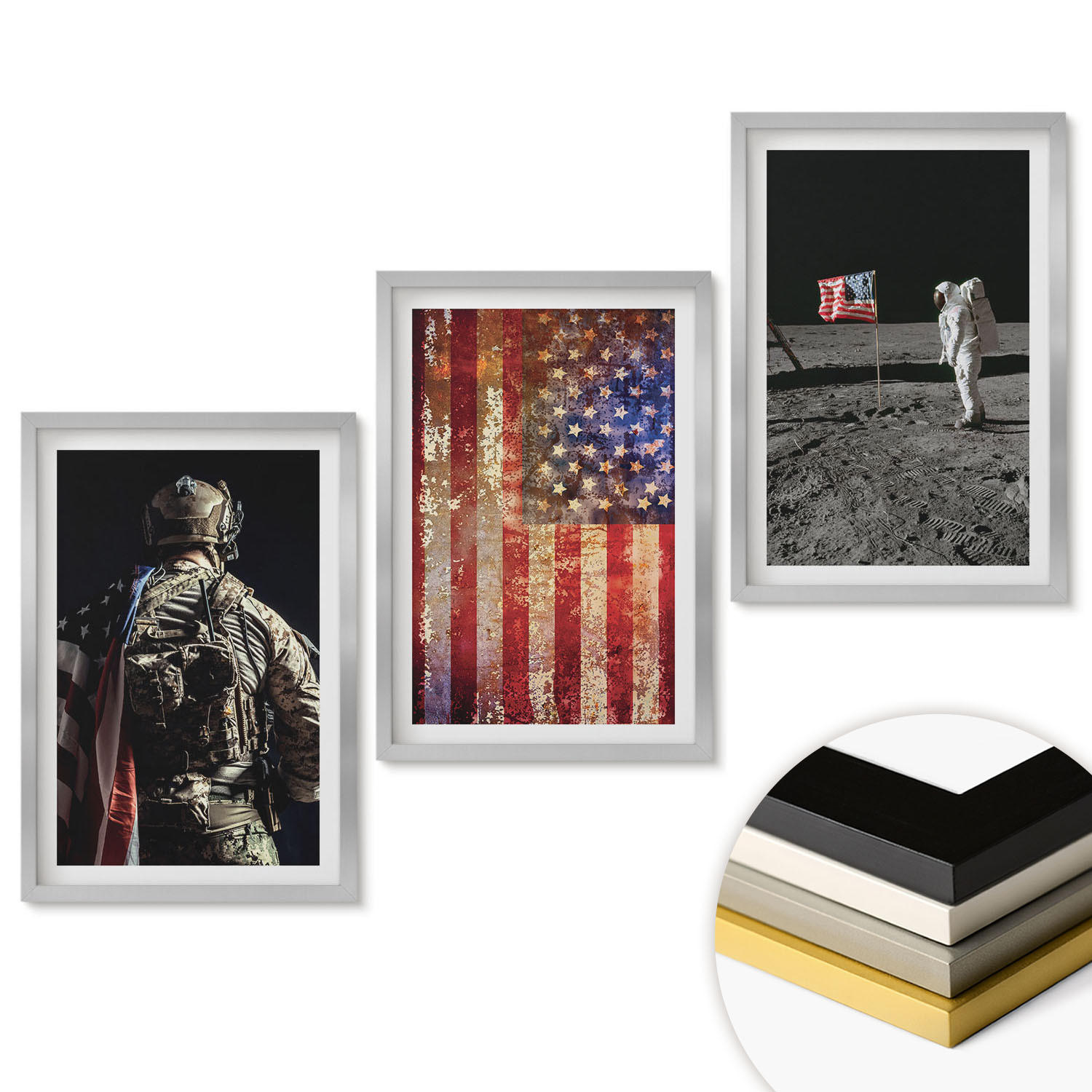 WANDBILDER 3er Set - 40x60 cm Silberner Rahmen - Amerikanische Symbole, USA-Flagge - Silberfarben, Kunststoff (40/60cm) - ArtPrintCave
