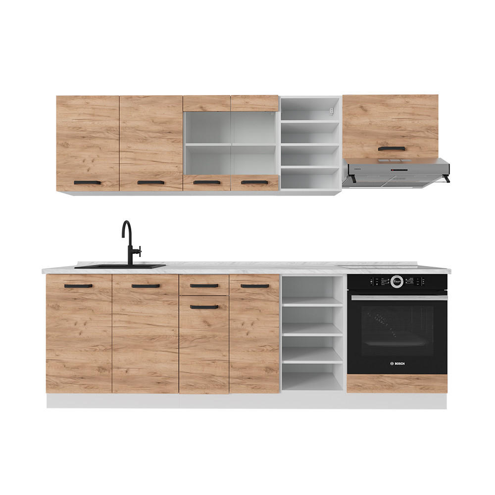KÜCHENZEILE R-Line Goldkraft Eiche/Weiß 240 cm AP Eiche - Eiche Wotan/Weiß, Holzwerkstoff (240/81.6/60cm) - Vicco