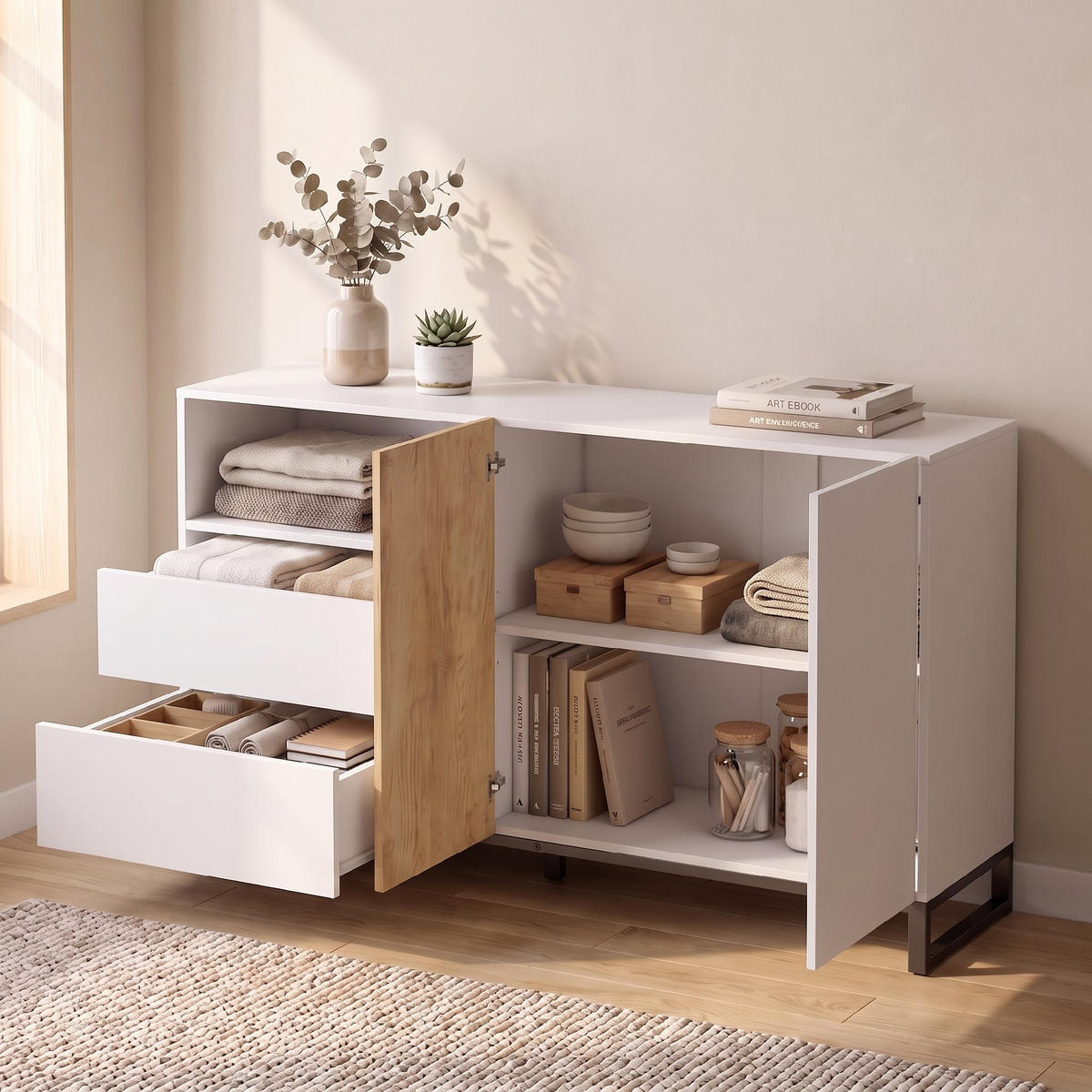 SIDEBOARD Weiß Eichefarben 140/40/85 cm - Ahornfarben/Schwarz, Metall (40/85/140cm) - PANGIVO