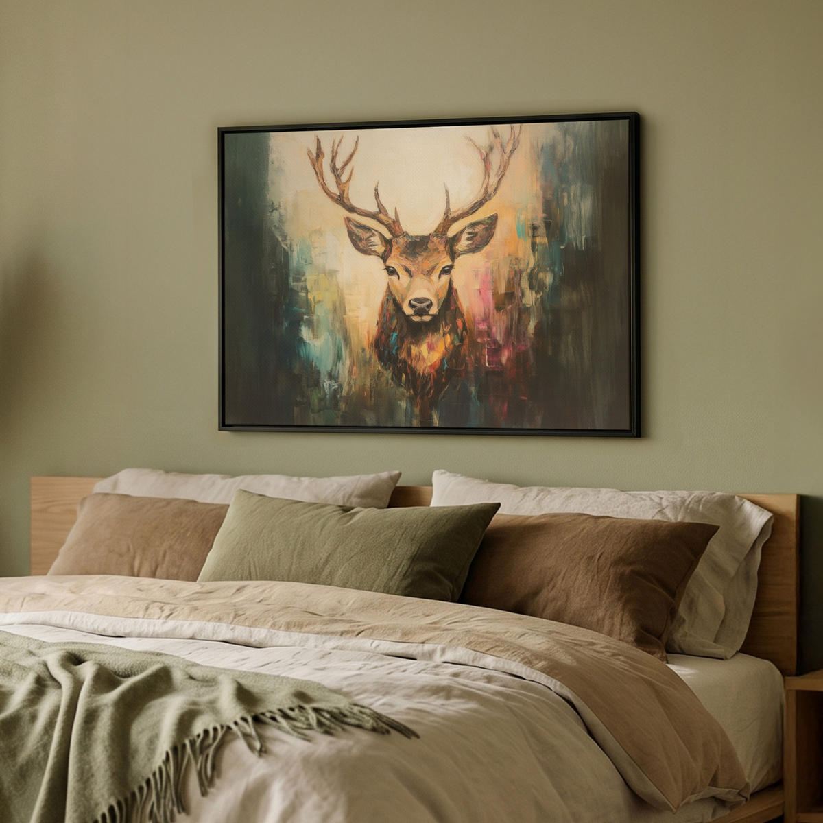 LEINWAND Bilder mit Rahmen - Hirsch - Gemalt - Geweih - Braun - 70x50 - Haselnussfarben, Textil (70/50cm) - MuchoWow