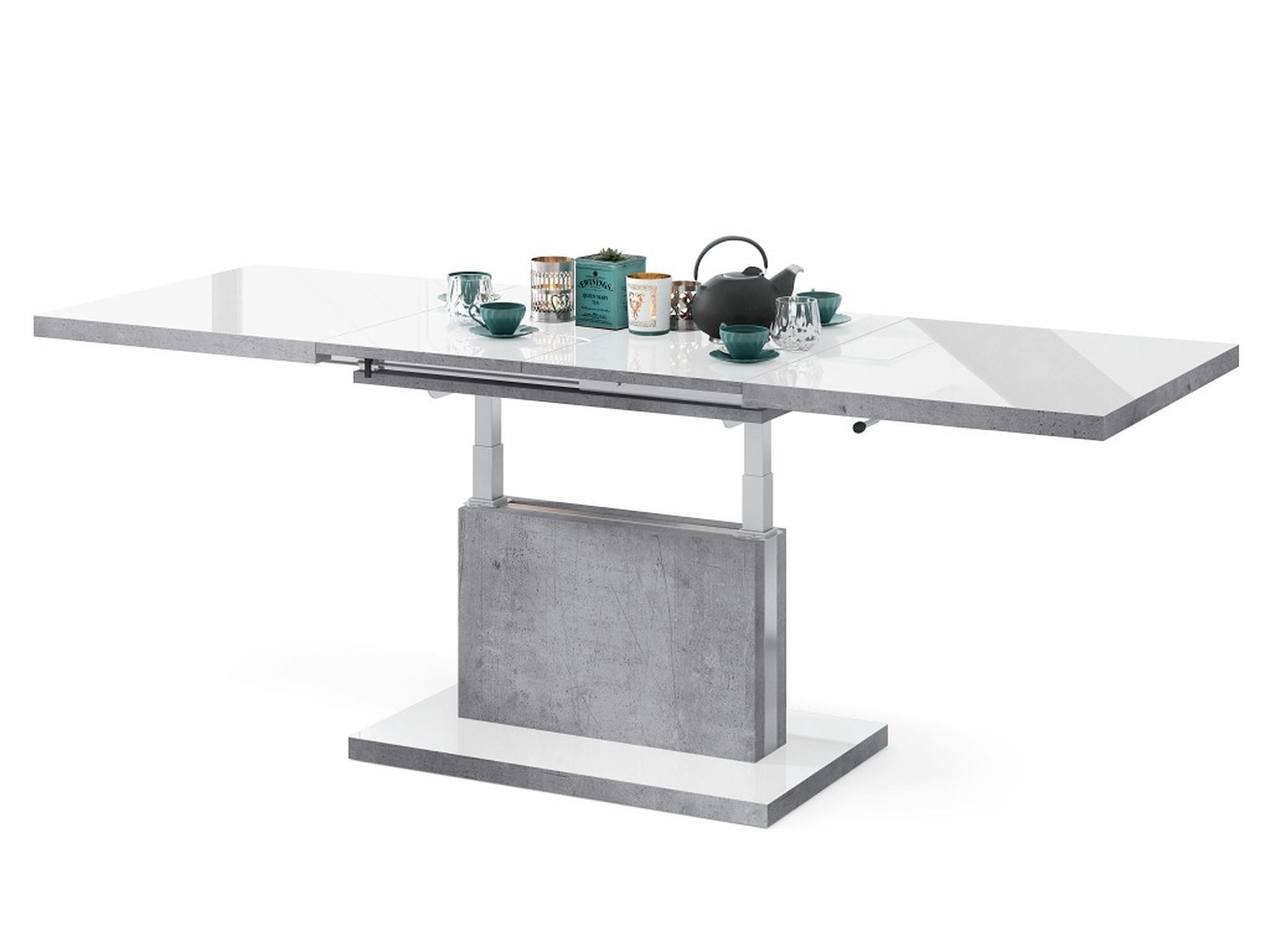 COUCHTISCH rechteckig Weiß Hochglanz - Beton ausziehbar höhenverstellbar - Weiß Hochglanz/Hellgrau, Holzwerkstoff (70/120/56cm) - designimpex