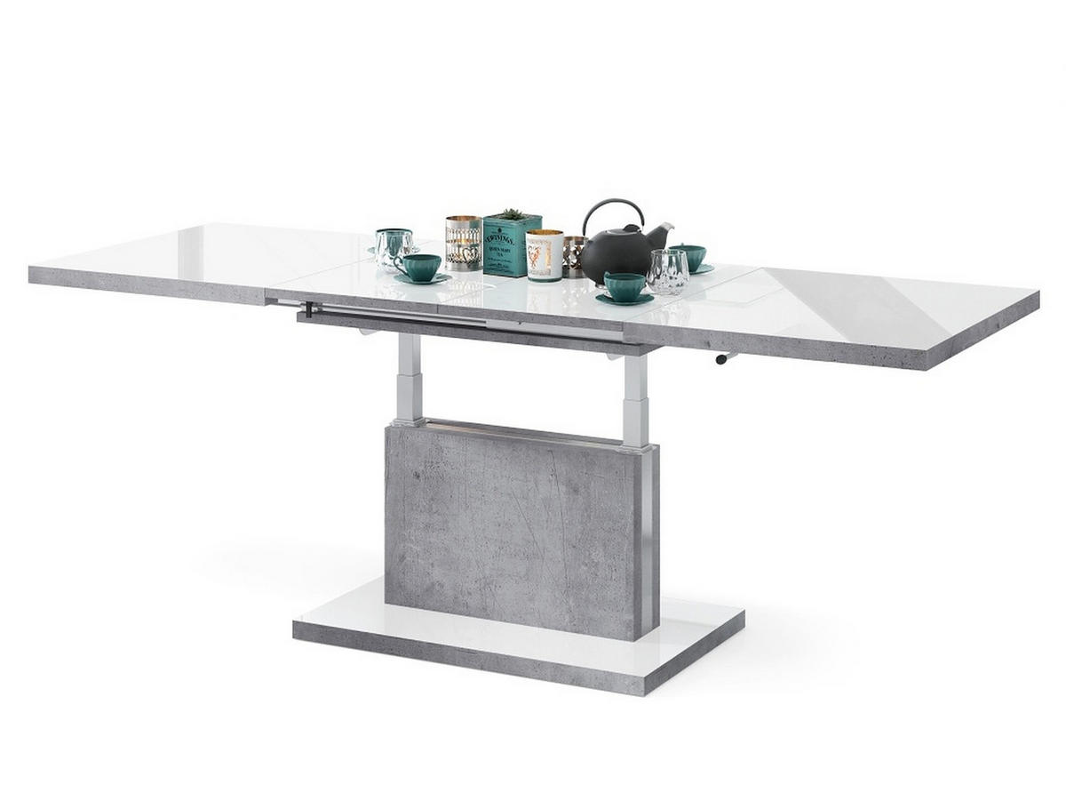 COUCHTISCH rechteckig Weiß Hochglanz - Beton ausziehbar höhenverstellbar - Weiß Hochglanz/Hellgrau, Holzwerkstoff (70/120/56cm) - designimpex