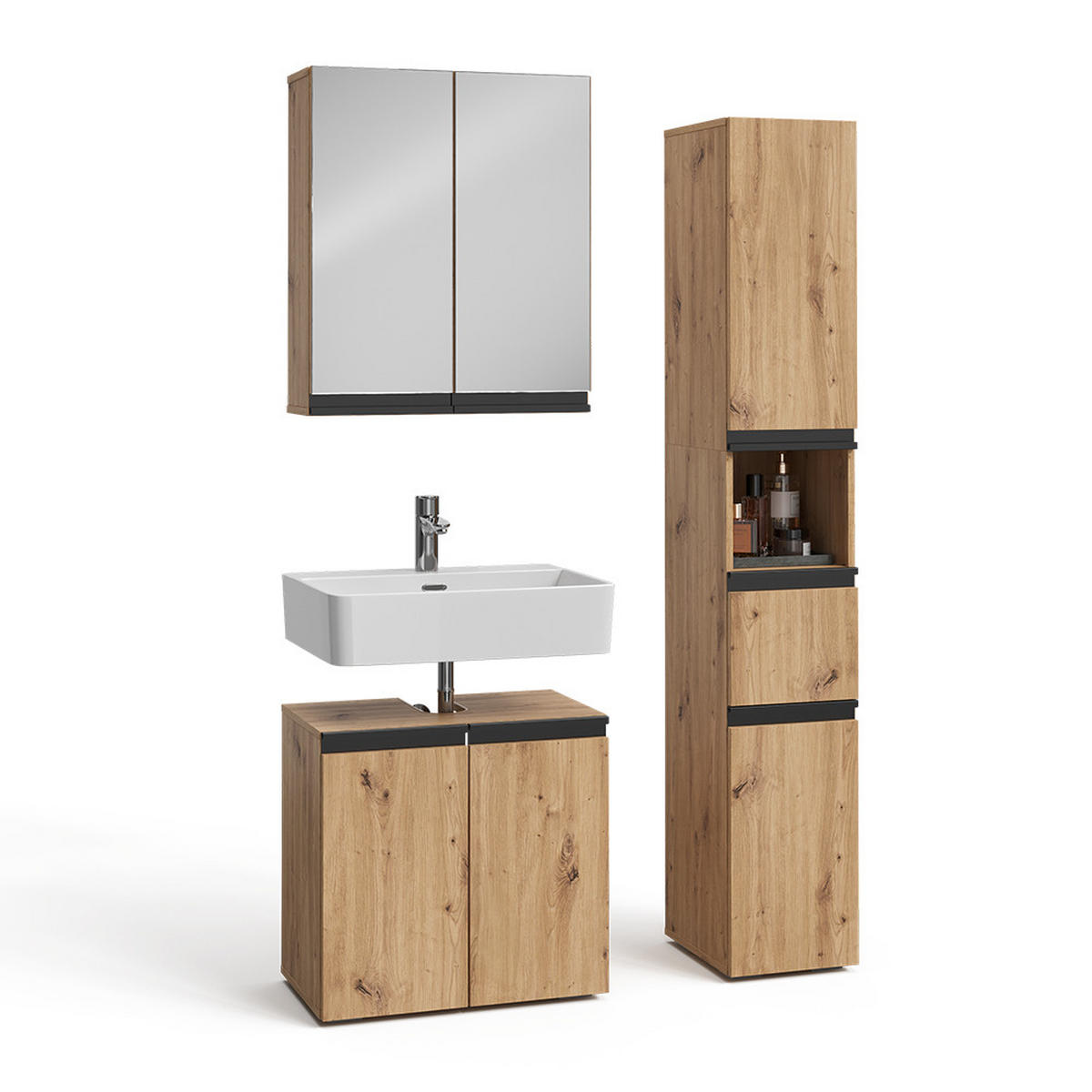 BADMÖBEL-SET Torren Artisan 3 Teile, mit Hochschrank - Hellgrau, Holzwerkstoff (60/58/35cm) - Vicco