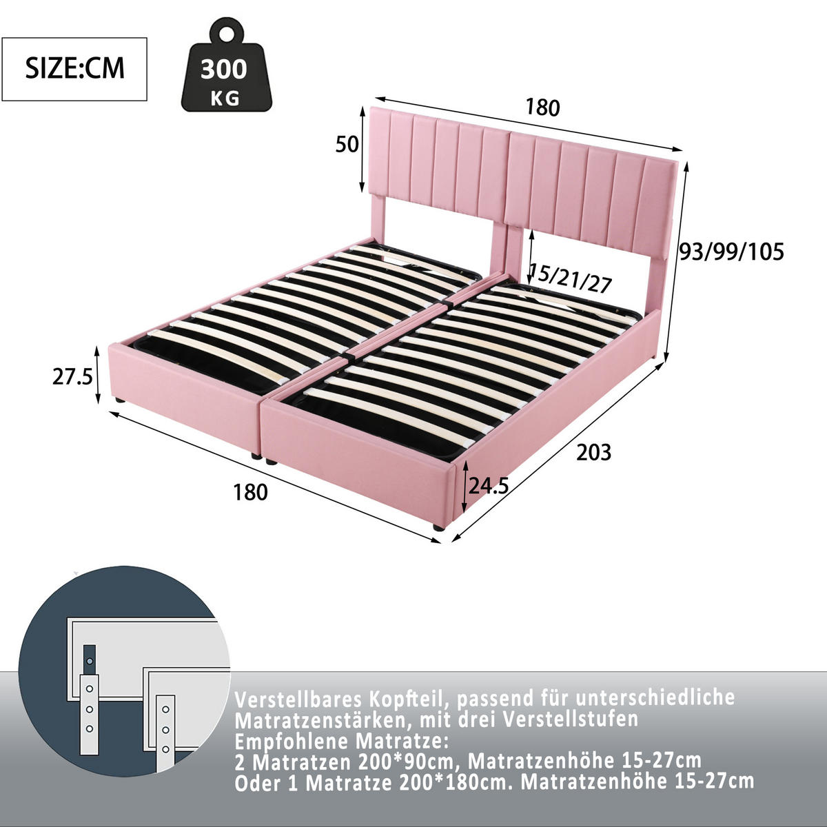 POLSTERBETT 180/200 cm rosa mit hydraulischem Stauraum und verstellbarem Kopfteil - Pink, Textil (180/200cm) - OKWISH