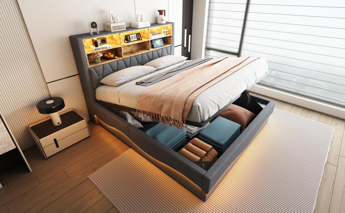 POLSTERBETT 180/200 cm Grau aus Leinen mit Bettkasten und LED-Beleuchtung - Grau, Metall (180/200cm) - OKMYHOME