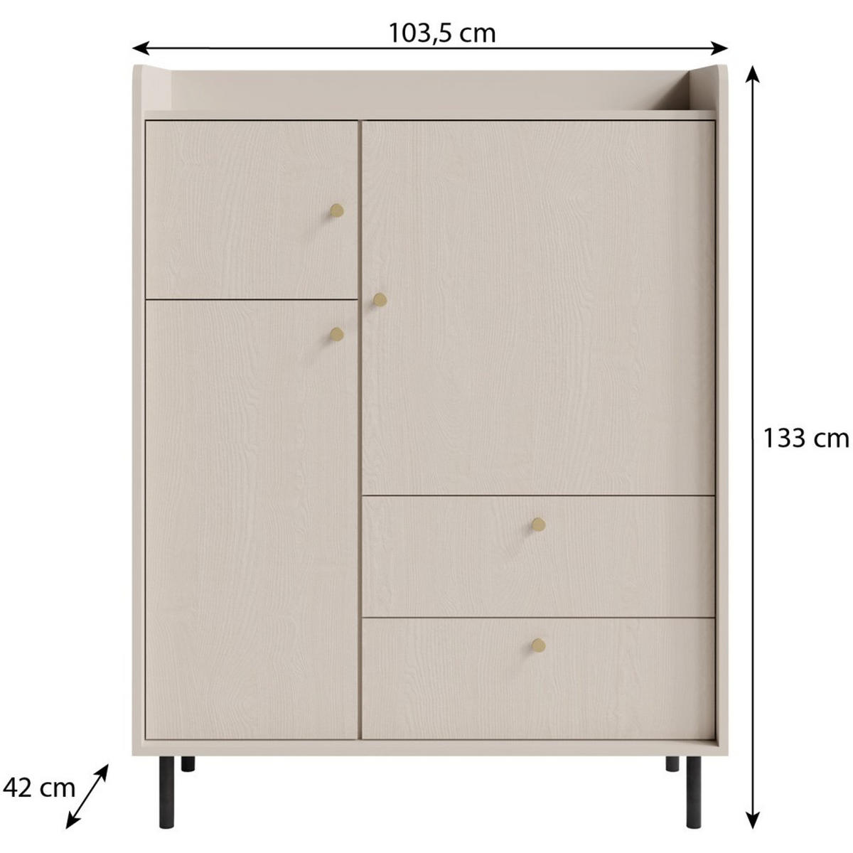 KOMMODE Gloria mit 2 Schubalden und 3 Türen - Beige/Schwarz, Holzwerkstoff/Metall (103/133/42cm) - Beautysofa