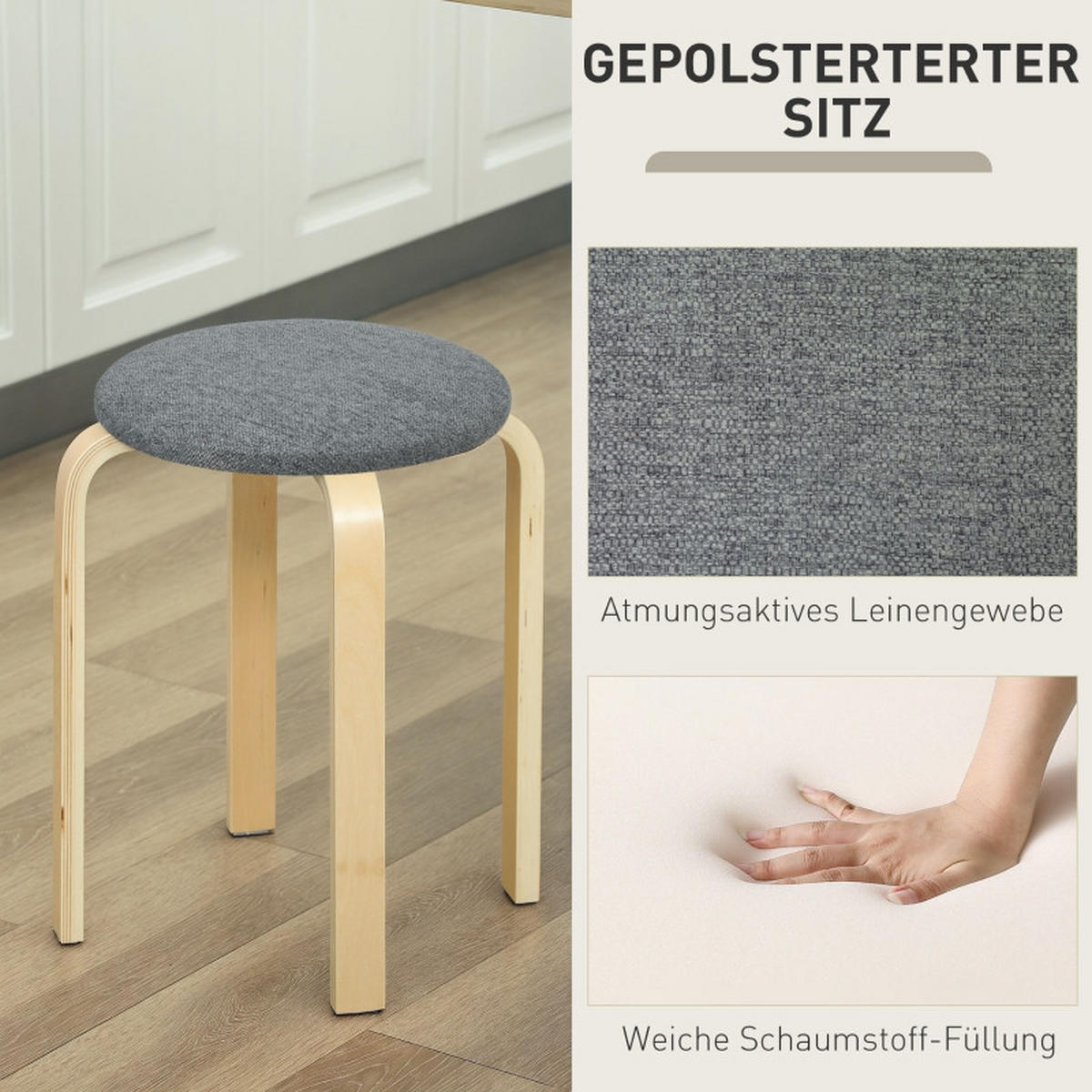 STAPELHOCKER DE-36023 4er Set stapelbar mit Leinenbezug Grau - Grau, Holzwerkstoff (40/45/40cm) - ComfortXL