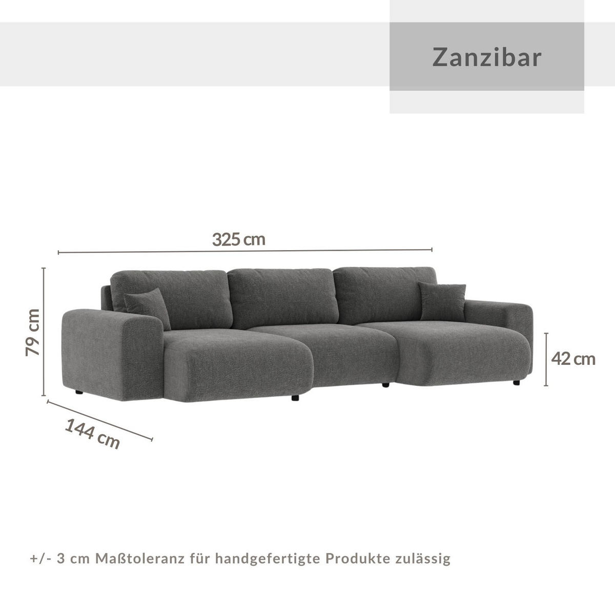 PANORAMASOFA Zanzibar Grau Chenille - Schwarz/Grau, Holz/Holzwerkstoff (325/79/144cm) - Maison de Reve