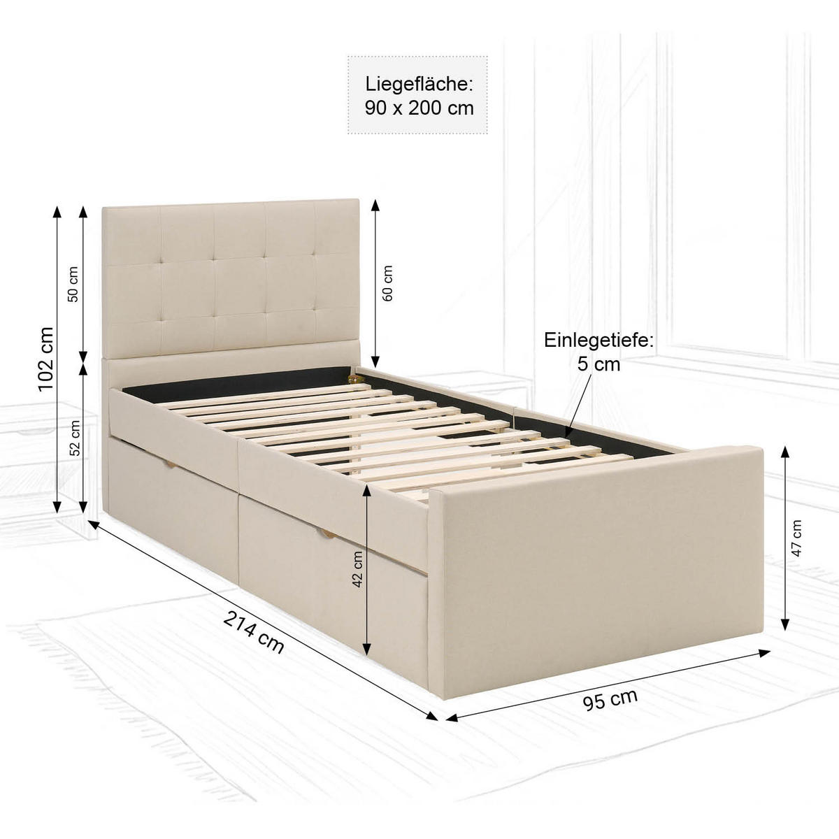 POLSTERBETT mit Stauraum 90/200 cm in Beige + Lattenrost - Anthrazit/Beige, Textil (90/200cm) - Homestyle4u