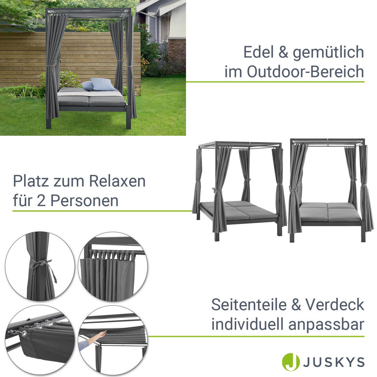 DOPPELLIEGE Loungebett Kreta grau/ dunkelgrau - Grau, Metall (147/207/207cm) - Juskys