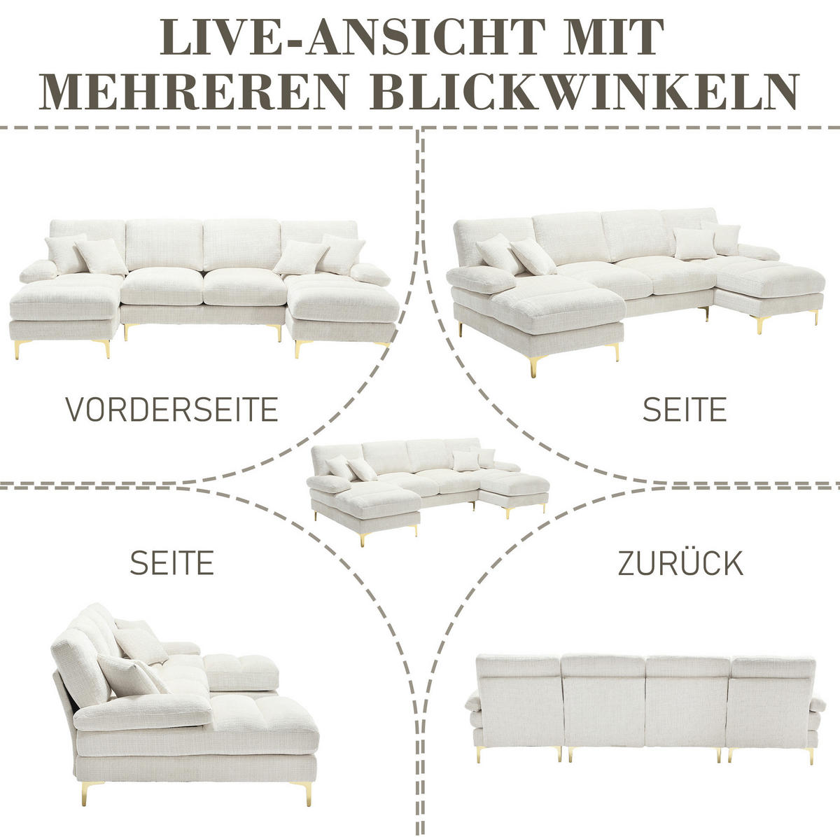 WOHNLANDSCHAFT U-Form Chenille mit 2 Liegeflächen 272/136/88 cm Beige - Beige, Textil/Metall (136/88/272cm) - Redom
