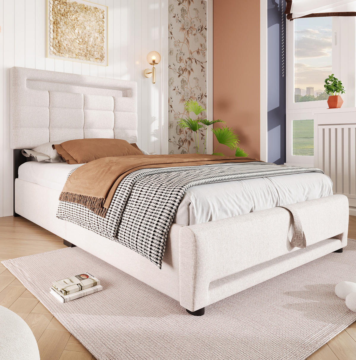 POLSTERBETT 90/200 cm Beige aus Leinen mit Bettkasten und LED-Beleuchtung - Beige, Textil (90/200cm) - OKMYHOME