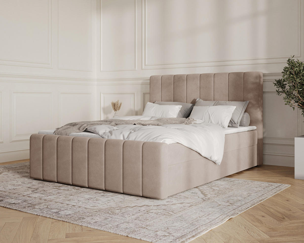 BOXBETT 01 BIS 140 x 200 cm - Manila - Modernes Polsterbett mit Bettkasten inkl. PU-Schaum-Topper und Federmechanismus - Cappuccino, Holz (140/200cm) - ROYAL24_MARKT