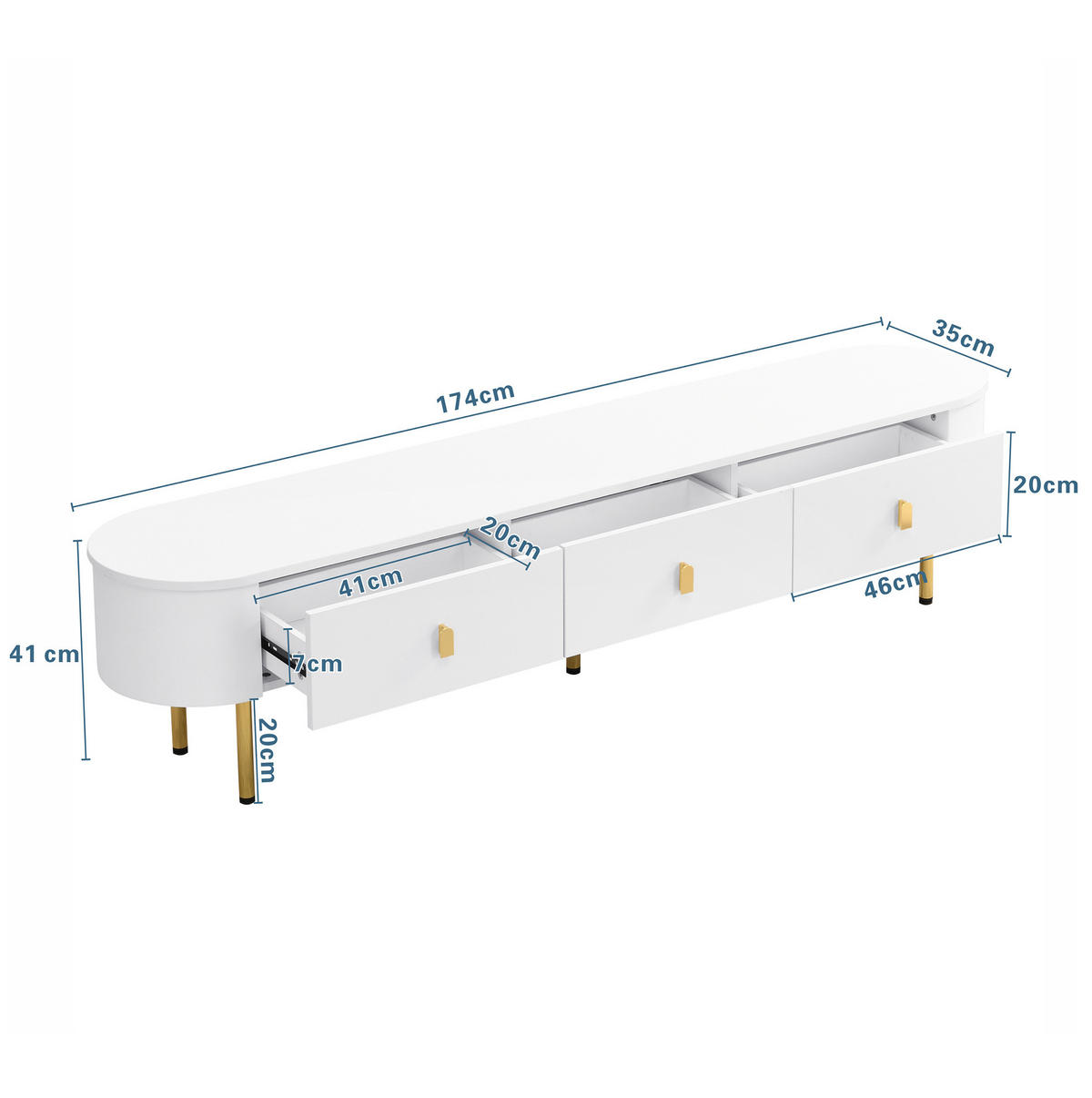 TV ormarić 174/35/41 cm bijeli i zlatni od MDF-a s 3 ladice i zaobljenim rubovima - bijela, drvni materijal (174/41/35cm) - OKWISH