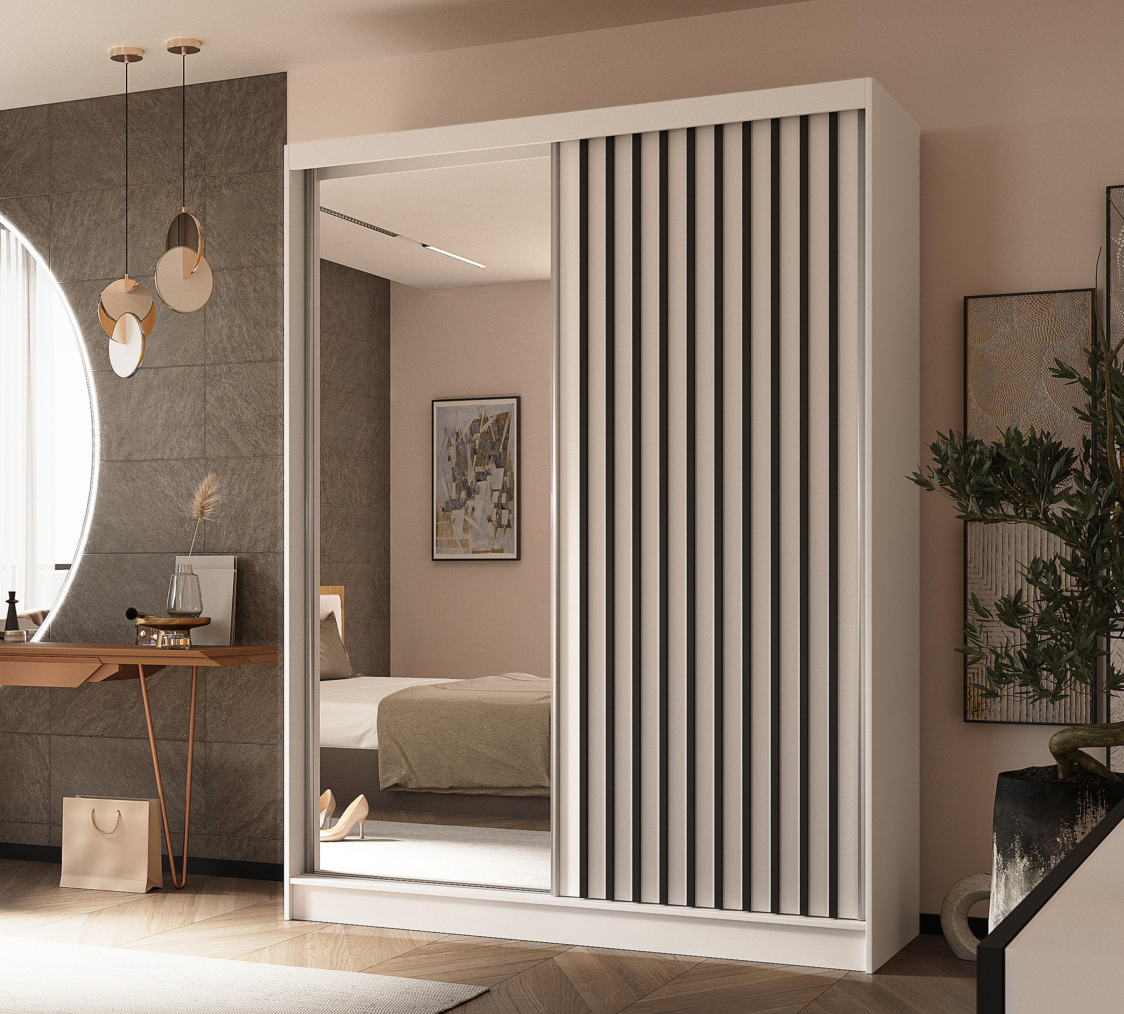 SCHWEBETÜRENSCHRANK Cabinio Weiß Schwarz 160/216/61 cm – mit Spiegel und Lamellen - Schwarz/Weiß, Holzwerkstoff/Kunststoff (160/216/61cm) - AX Living