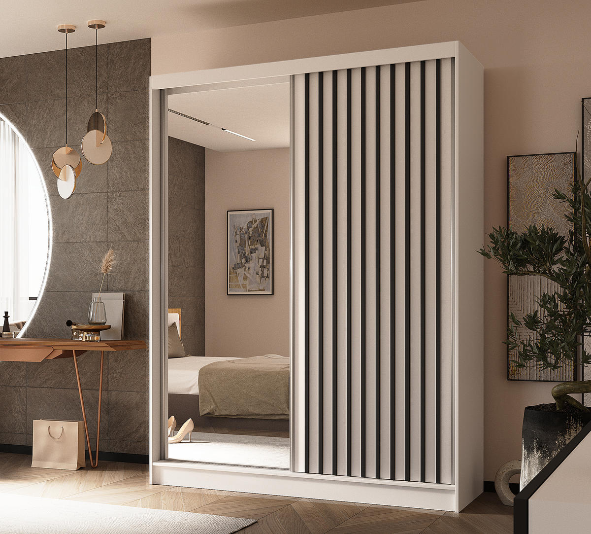 SCHWEBETÜRENSCHRANK Cabinio Weiß Schwarz 160/216/61 cm – mit Spiegel und Lamellen - Schwarz/Weiß, Holzwerkstoff/Kunststoff (160/216/61cm) - AX Living
