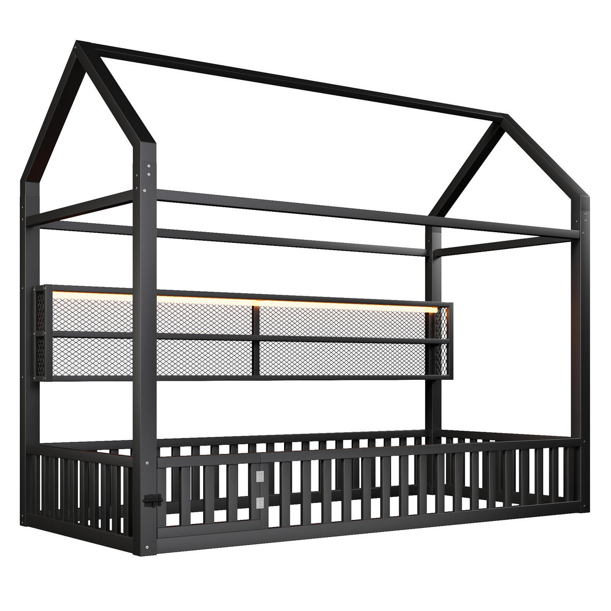 HAUSBETT 90/200 cm DE-03422, mit Zaun und LED-Beleuchtung, in Schwarz - Schwarz, Metall (90/200cm) - ComfortXL