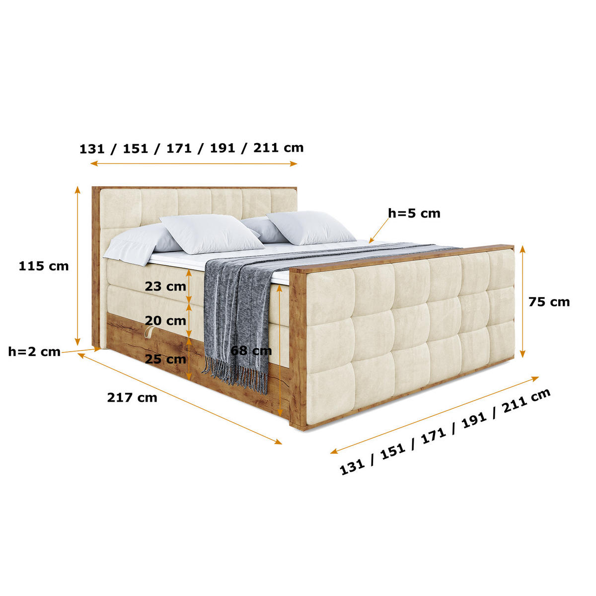 BOXSPRINGBETT mit Matratze H3|H4 und Lattenrost - LOLLI7-Z KING-120x200 - Beige Monolith - Beige, Holzwerkstoff (120/200cm) - ALTDECOR