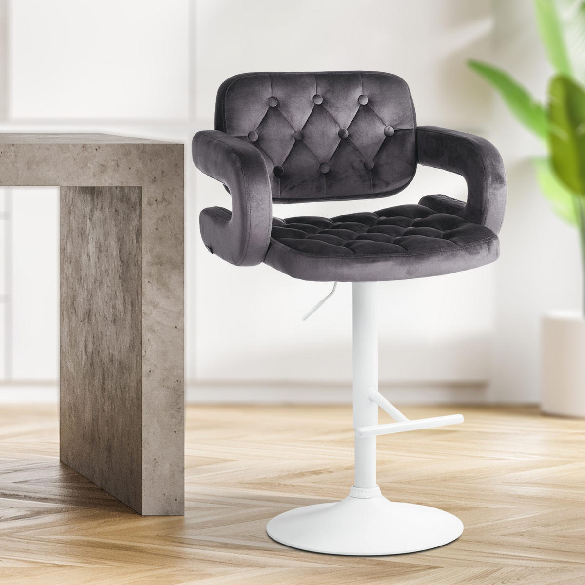 BARHOCKER Samt dunkelgrau - Dunkelgrau/Weiß, Textil (62/103/55cm) - CLP