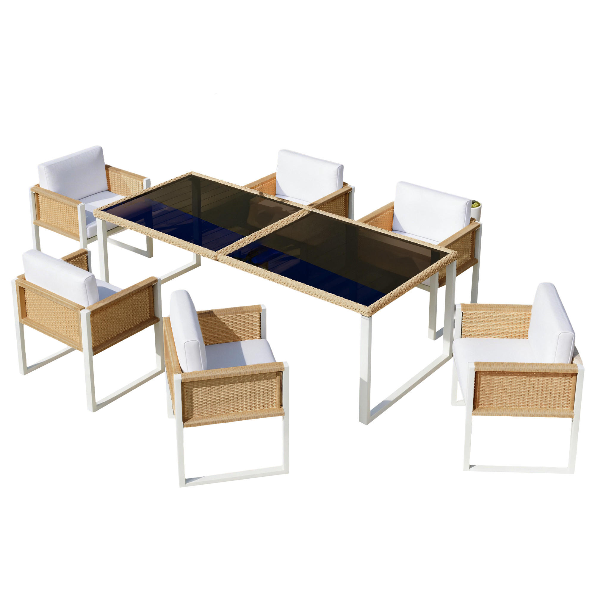 GARTENESSGRUPPE Braun/Weiß 7-teilig für 6 Personen mit Glastisch & abnehmbaren Polstern - Braun, Naturmaterialien - PANGIVO