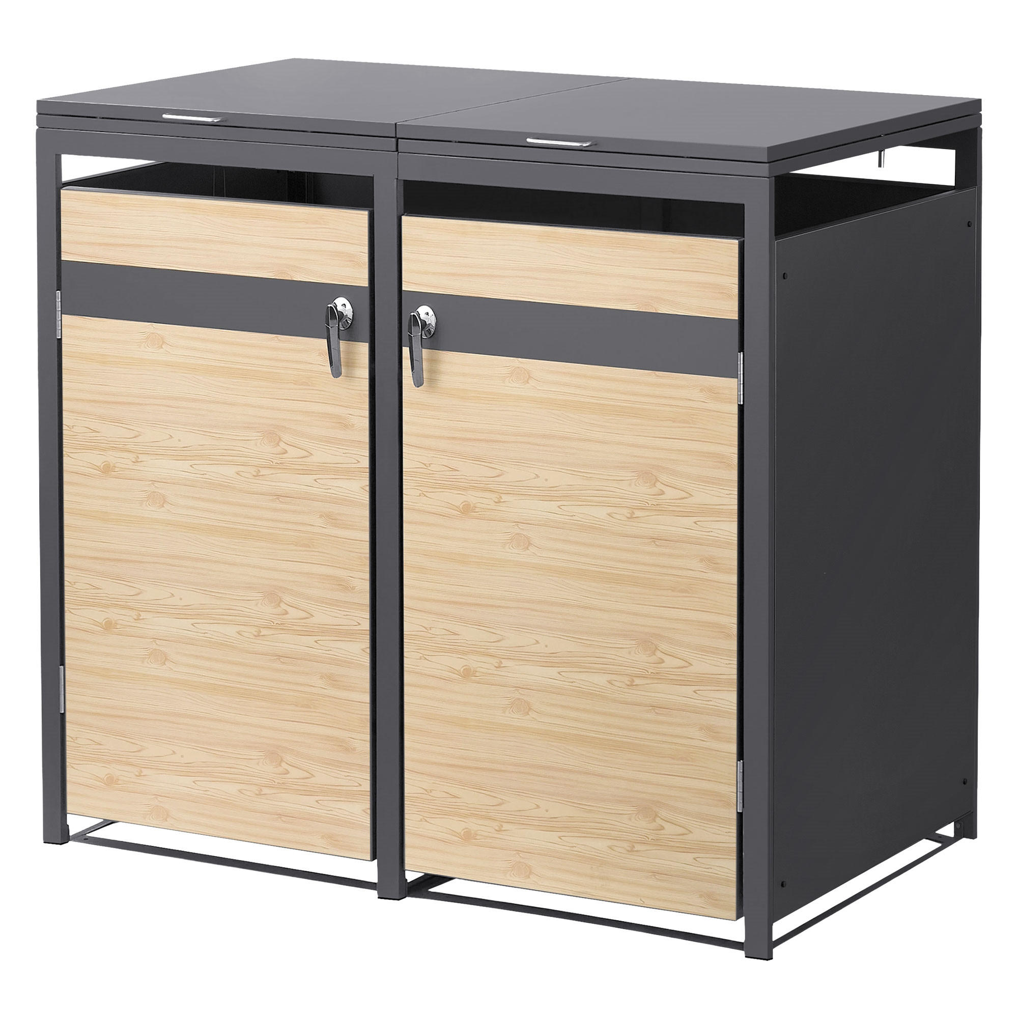 MÜLLTONNENBOX 2er Anthrazit-Holzoptik - Naturfarben, Metall (132/120/80cm) - ML-DESIGN