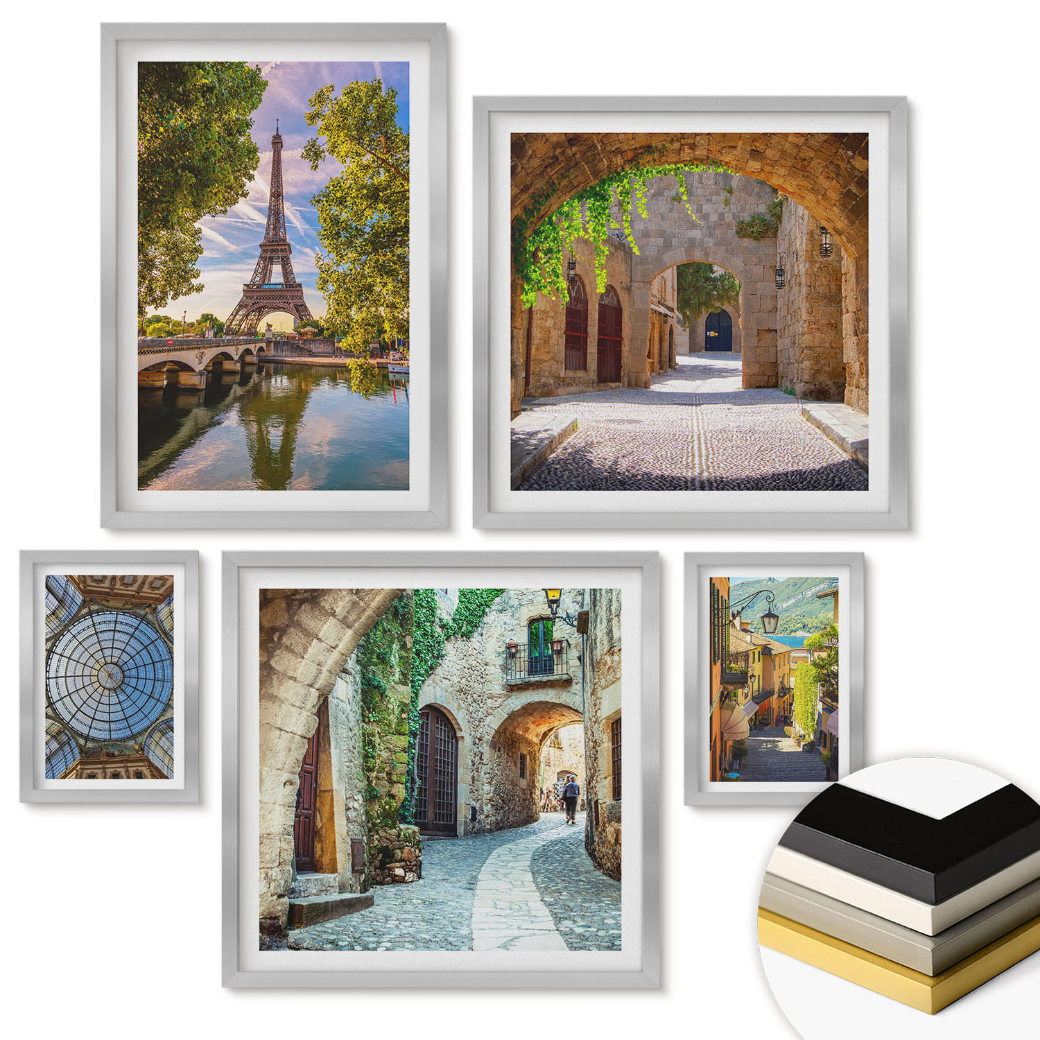 WANDBILDER 5er Set - 50x50 cm & 20x30 cm & 40x60 cm Silberner Rahmen - Grüne, saftige Blätter - Silberfarben, Kunststoff (40/60cm) - ArtPrintCave