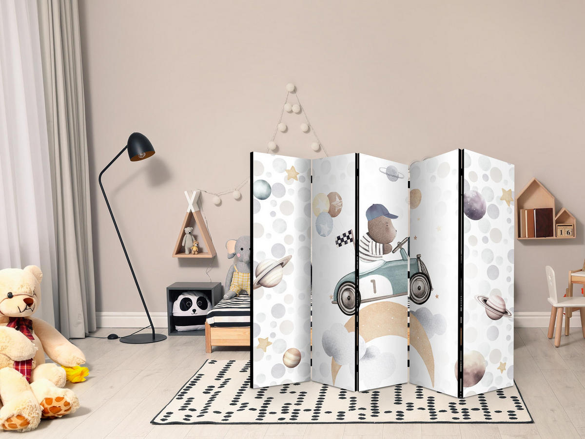 PARAVENT Beidseitig Bedruckter 5-tlg 225x172 cm Teddybär im Auto - Multicolor, Holz/Textil (225/172/3cm) - Muralo