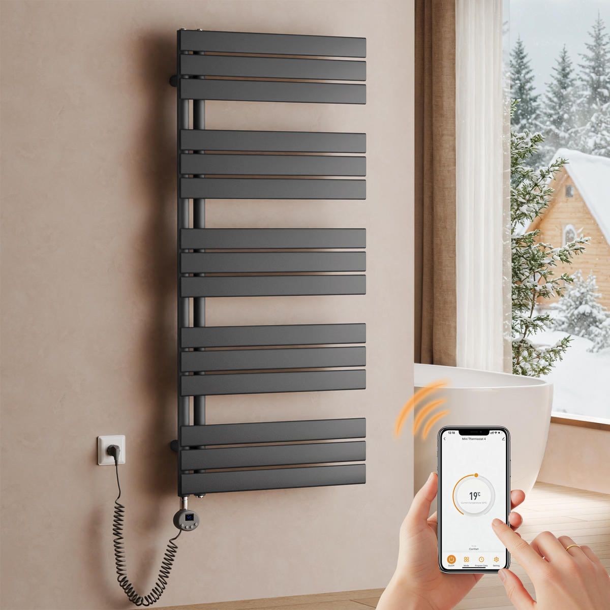 HANDTUCHHEIZKÖRPER 132/60 cm anthrazit elektrisch 800 W mit WLAN-Thermostat - Anthrazit, Metall (60/132/5.9cm) - S'AFIELINA