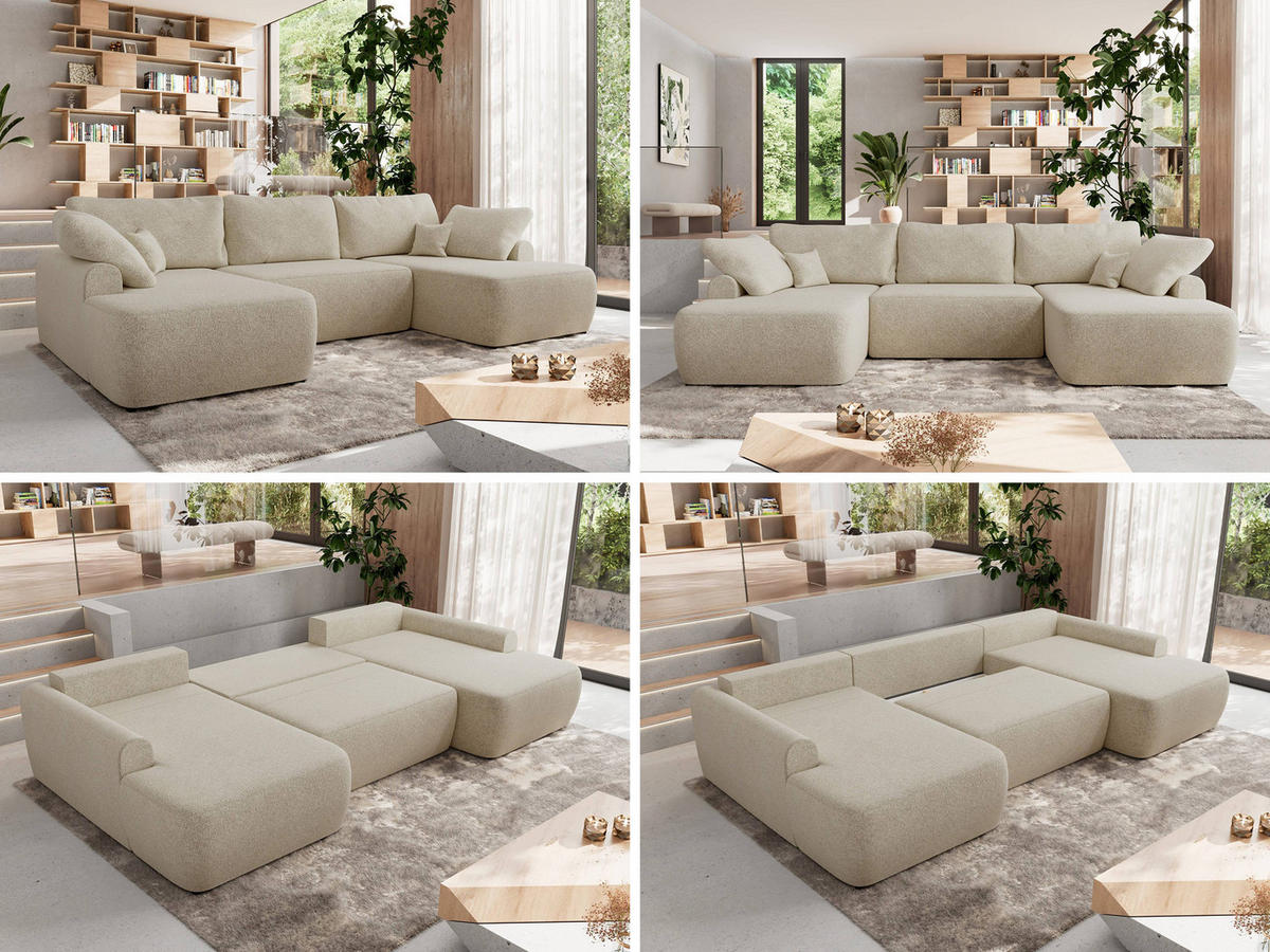 WOHNLANDSCHAFT CUBO U Creme Struktur - Creme/Schwarz, Kunststoff/Textil (370/100/187cm) - MKS