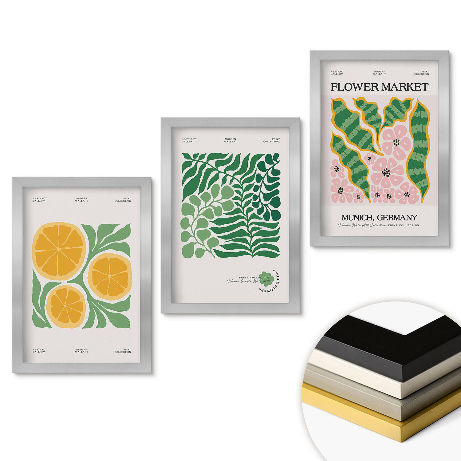WANDBILDER 3er Set - 20x30 cm Silberner Rahmen - Pastellfarbene Frucht- und Pflanzenmotive - Silberfarben, Kunststoff (20/30cm) - ArtPrintCave