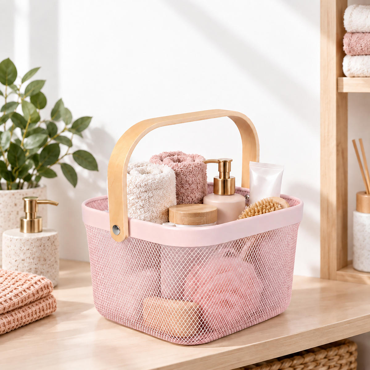 AUFBEWAHRUNGSKORB Rosa Metall Holzgriff - Rosa, Holz/Metall (26/17.5/24.5cm) - Relaxdays