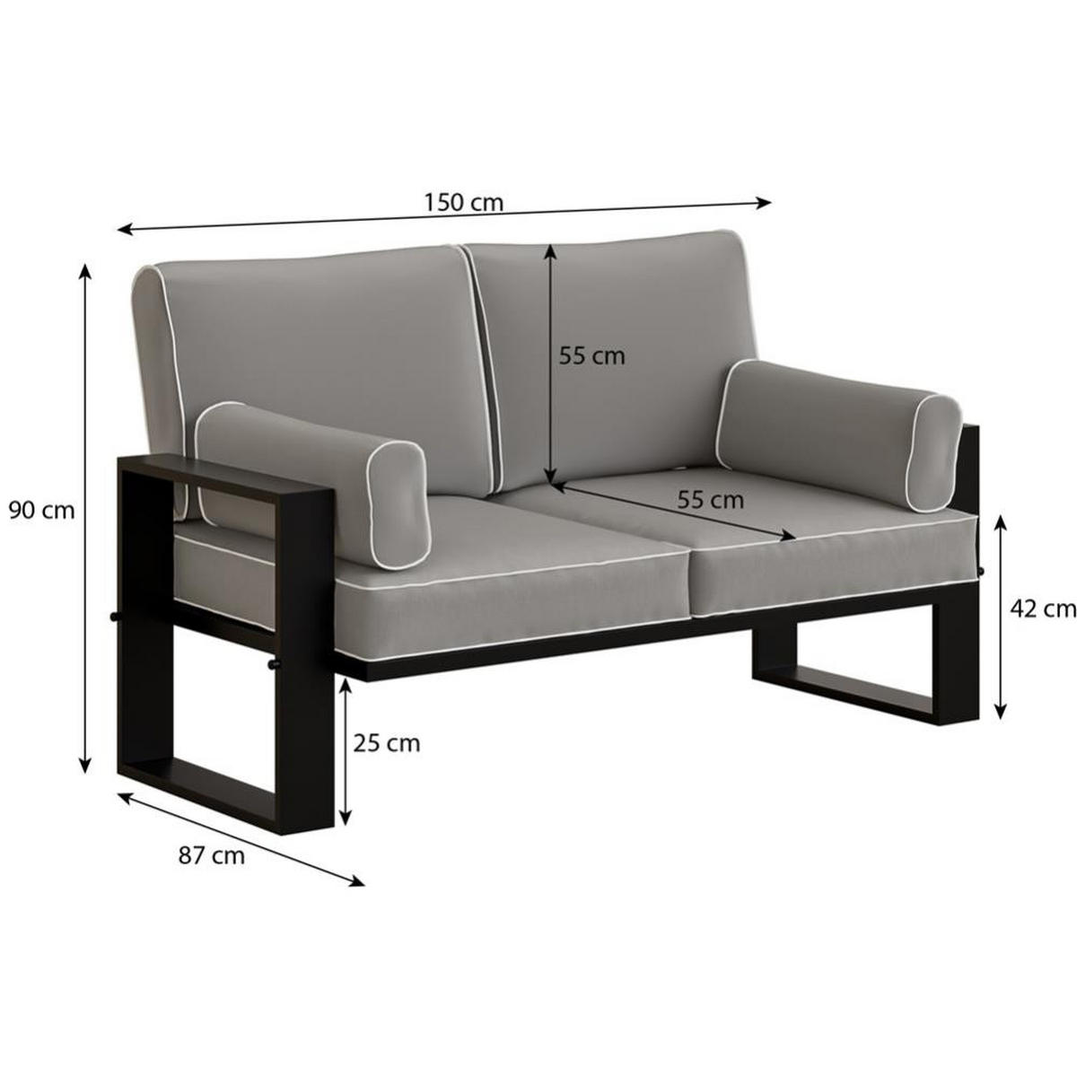 LOUNGESOFA 2-Sitzer Verdino mit Metallrahmen 150 cm dunkelgrau - Dunkelgrau, Metall (150/90/87cm) - Beautysofa