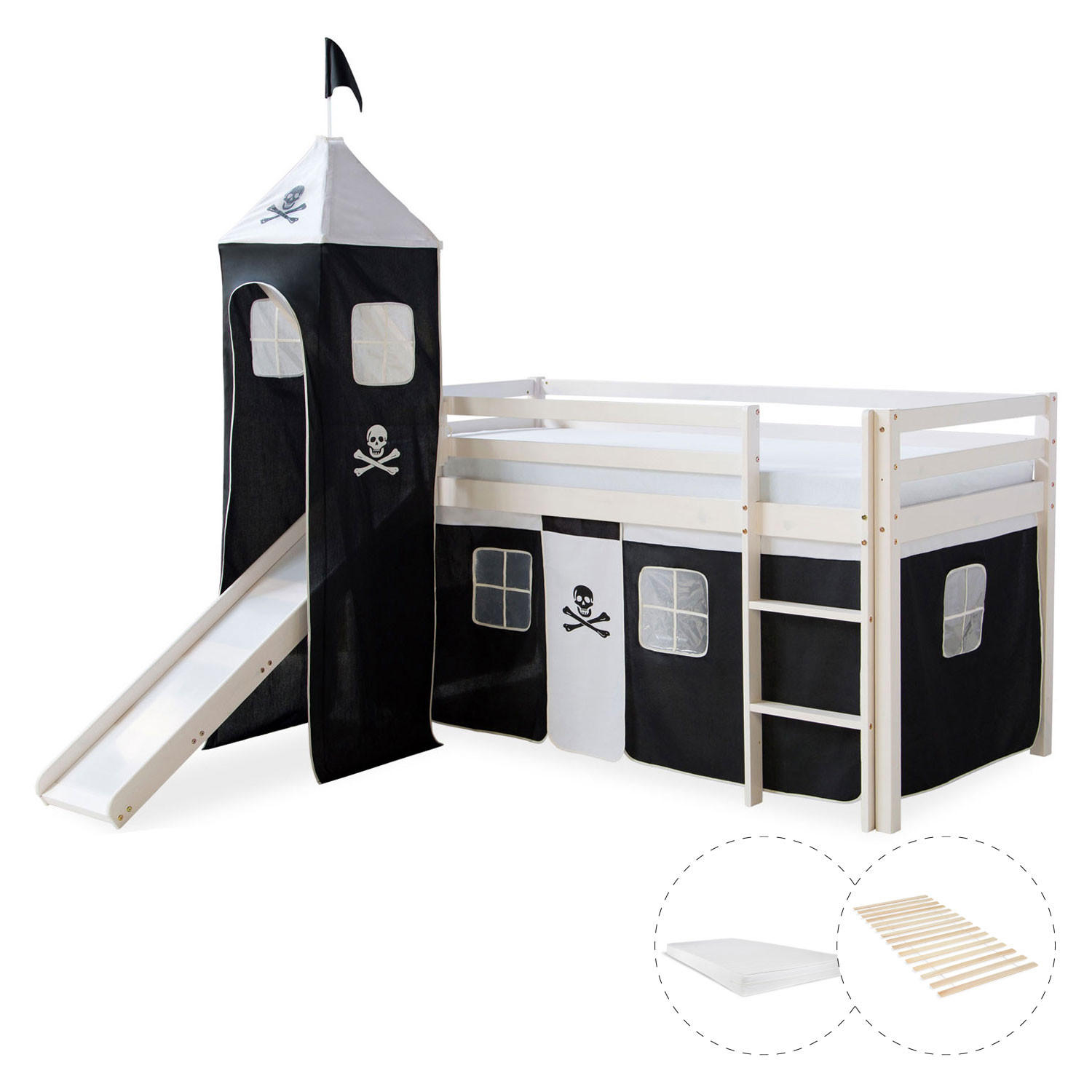 HOCHBETT 90/200 cm Pirat mit Lattenrost + Matratze - Schwarz/Weiß, Holz - Homestyle4u