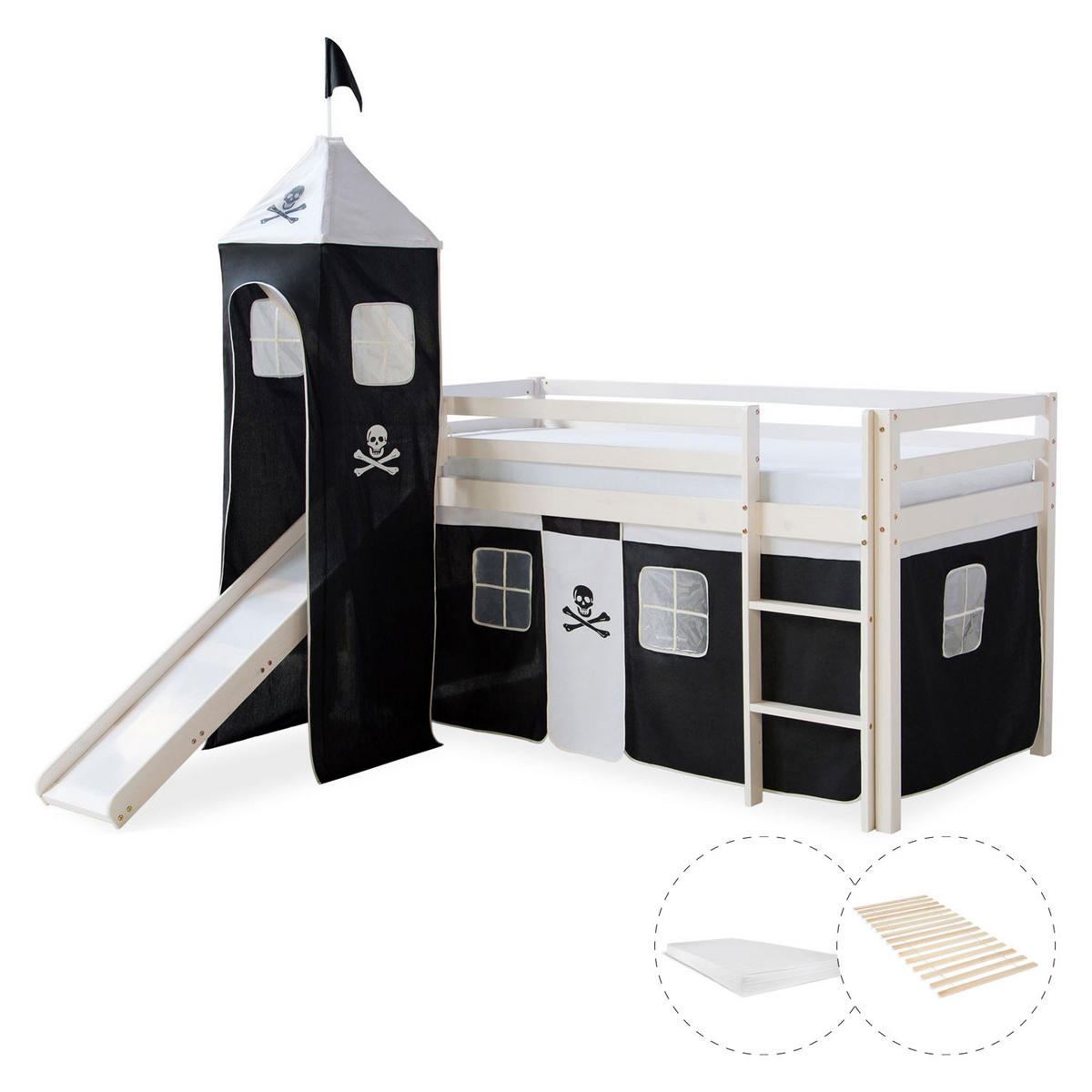 HOCHBETT 90/200 cm Pirat mit Lattenrost + Matratze - Schwarz/Weiß, Holz - Homestyle4u