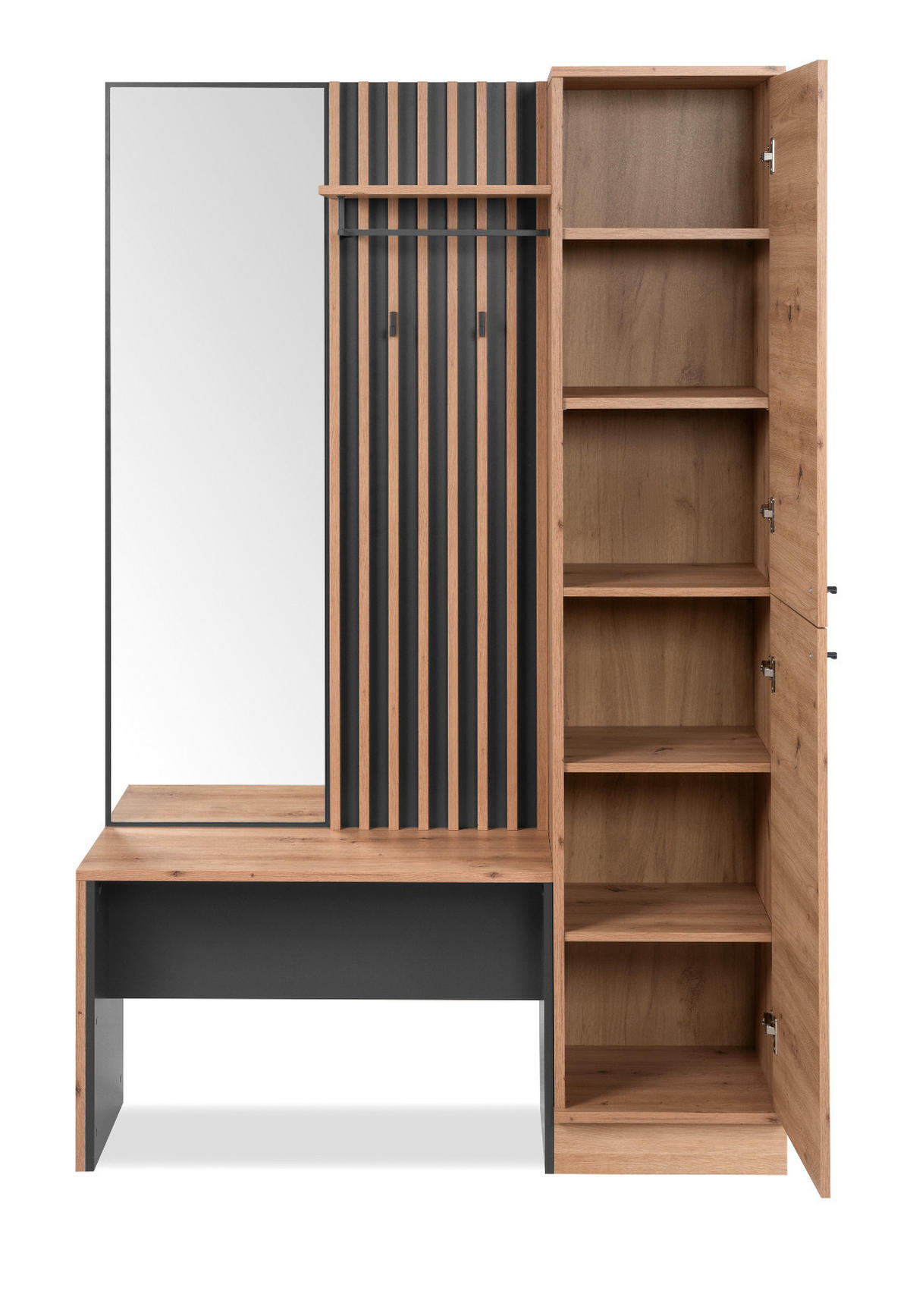 GARDEROBE Eiche Artisan, grau 122 cm, Kompaktgarderobe mit Spiegel - Anthrazit/Schwarz, Holzwerkstoff/Kunststoff (122/190/37cm) - Furn.Design