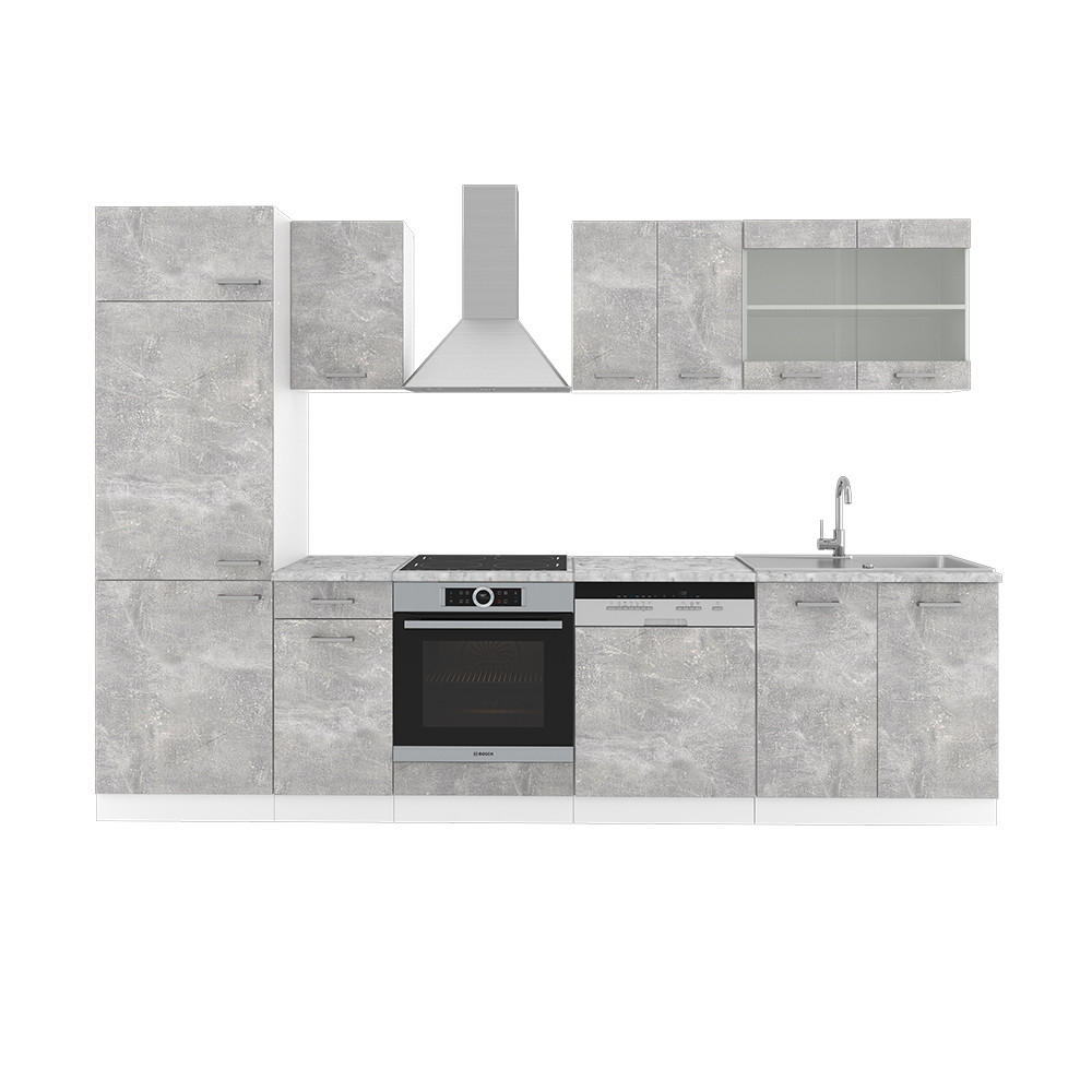 KÜCHENZEILE R-Line Beton 300 cm ohne AP - Schieferfarben/Weiß, Holzwerkstoff (300/81.6/46cm) - Vicco