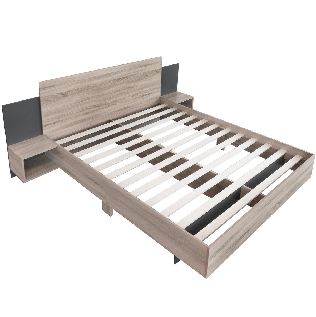 DOPPELBETT 160/200 cm mit 2 integrierten Nachtkommoden und Lattenrost, Massivholz in Sonoma-Eiche/Dunkelgrau - Dunkelgrau, Holz (160/200cm) - Redom