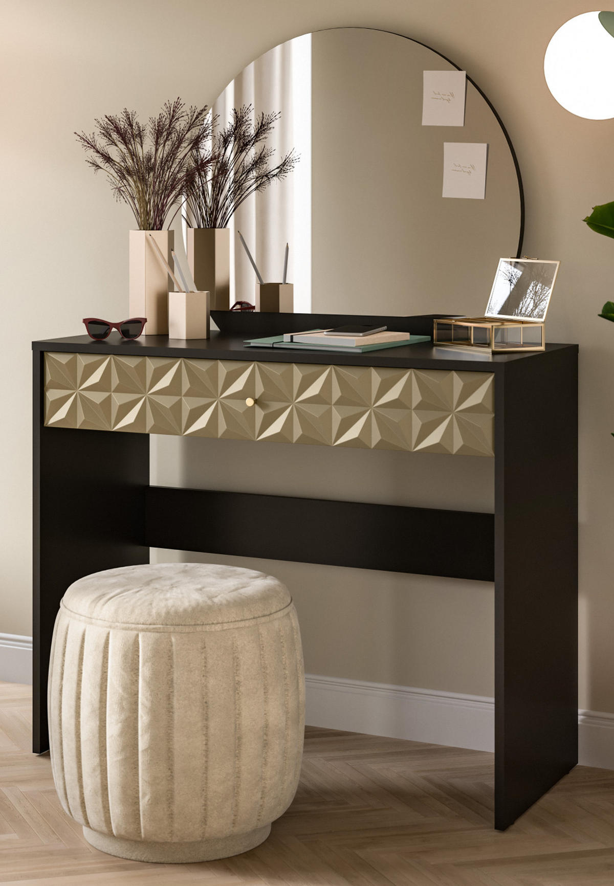 SCHMINKTISCH schwarz und gold 90 cm, Kosmetiktisch mit Spiegel - Goldfarben/Schwarz, Holzwerkstoff/Kunststoff (39/133/90cm) - Inn.Furn