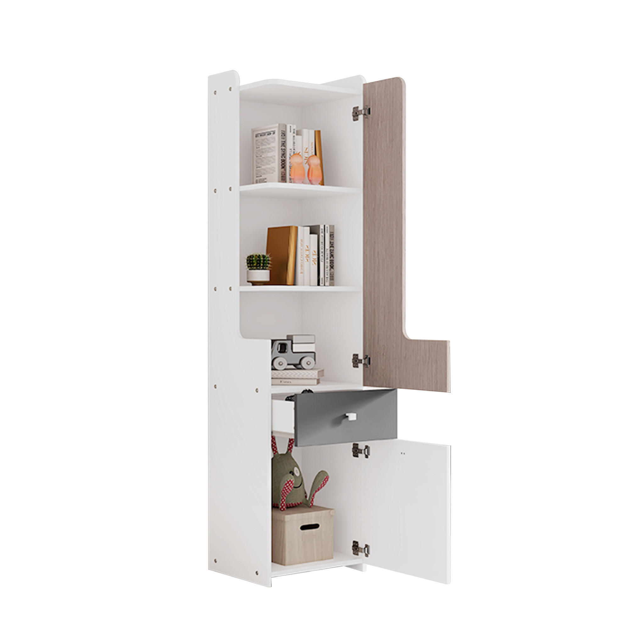 BÜCHERREGAL in Weiß und Grau mit L-förmiger Tür, Schublade und Metallknöpfen, B40/T45/H184cm - Weiß/Grau, Holzwerkstoff/Metall (45/184/40cm) - STILVORA