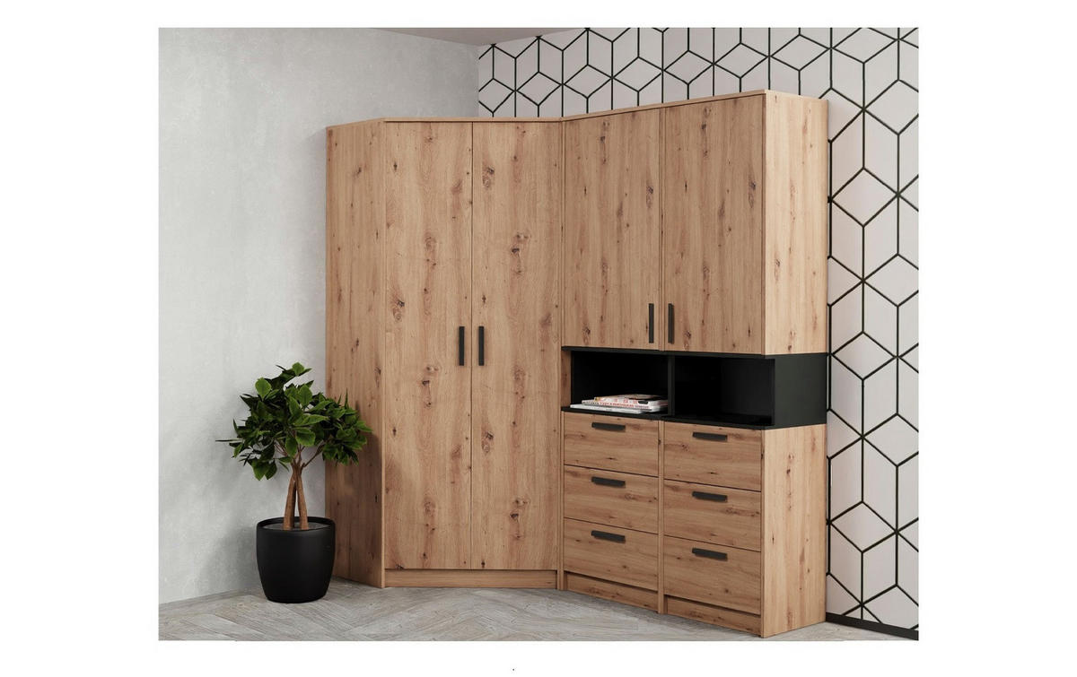 ECKSCHRANK G8/A EICHE ARTISAN 91/195/91 - Schwarz/Eiche Artisan, Holzwerkstoff/Kunststoff (91/195/91cm) - Marmex Möbel