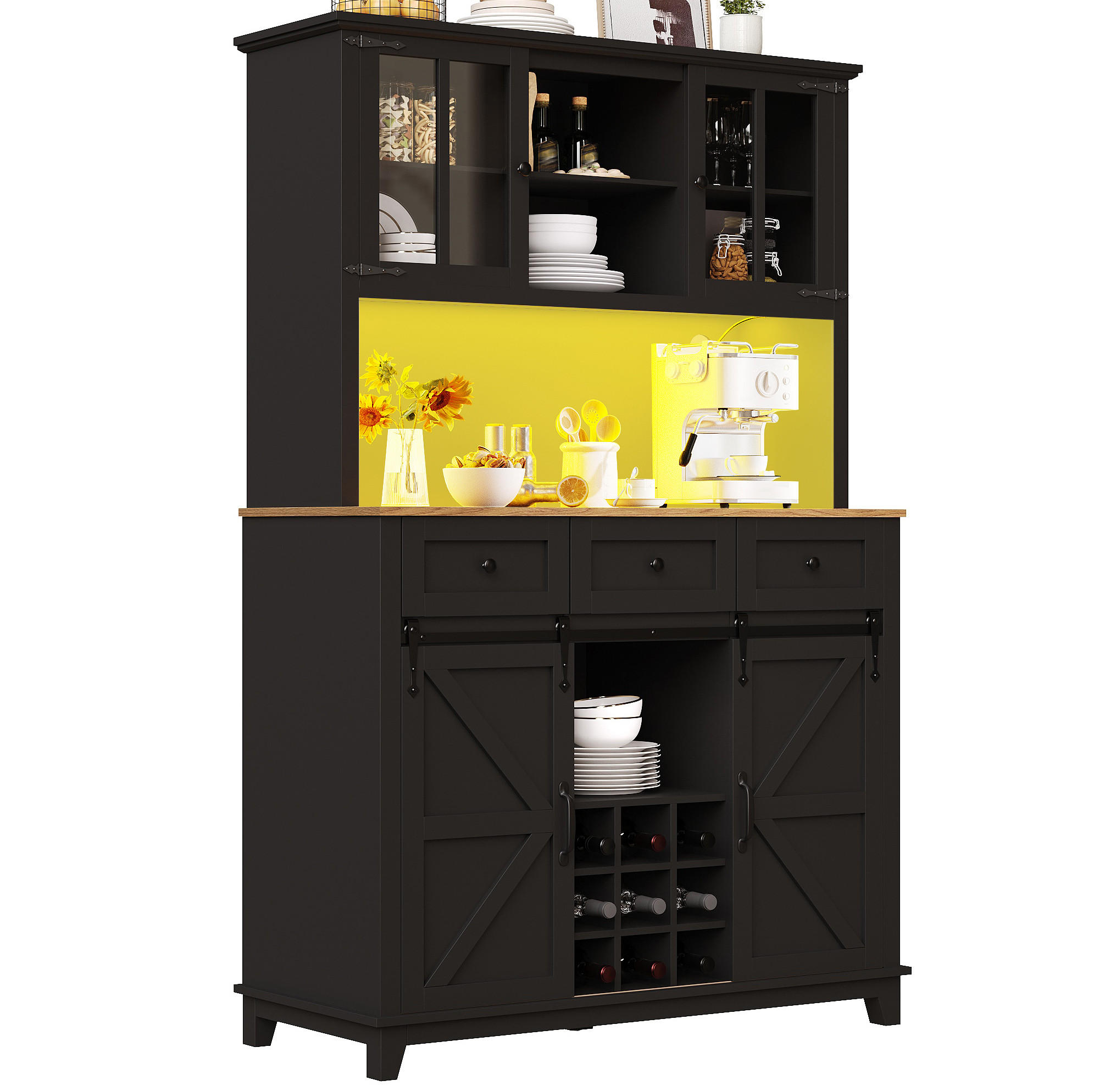BUFFET 105/180/38,4 cm Schwarz aus MDF mit LED-Beleuchtung - Schwarz, Holzwerkstoff (38.4/180/105cm) - OKMYHOME