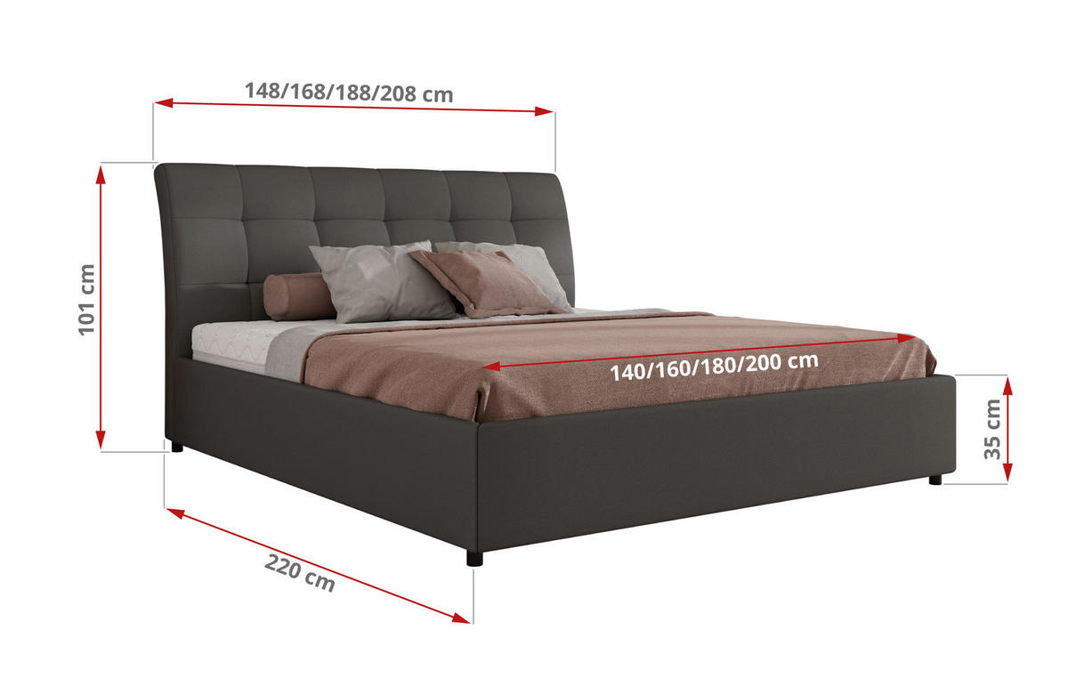 POLSTERBETT GALA CLASSIC 160/200 - Grau Kunstleder - Pocket-Matratze - Grau, Textil (160/200cm) - MKS