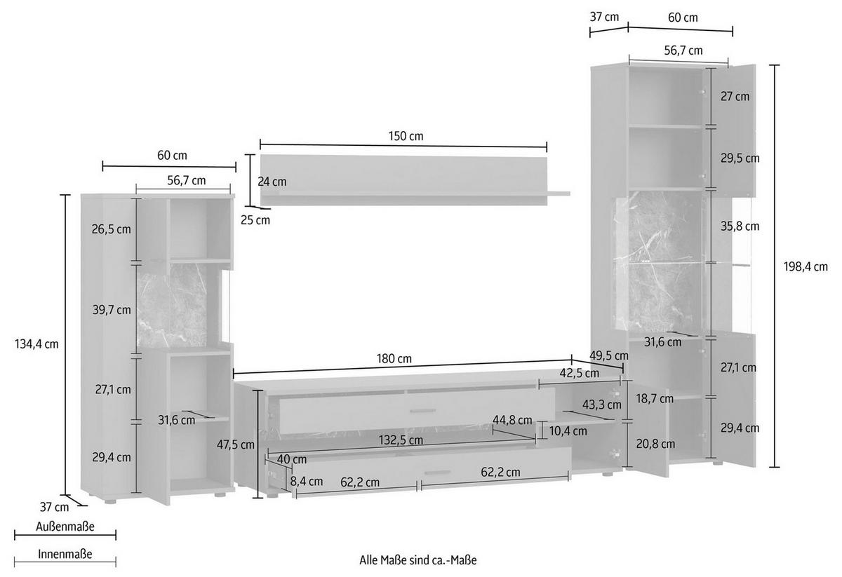 WOHNWAND Henley 4-teilig graphit grau 300 / 37 - 49,5 / 198cm - Graphitfarben/Grau, Holz/Holzwerkstoff (300/198/50cm) - Feldmann-Wohnen