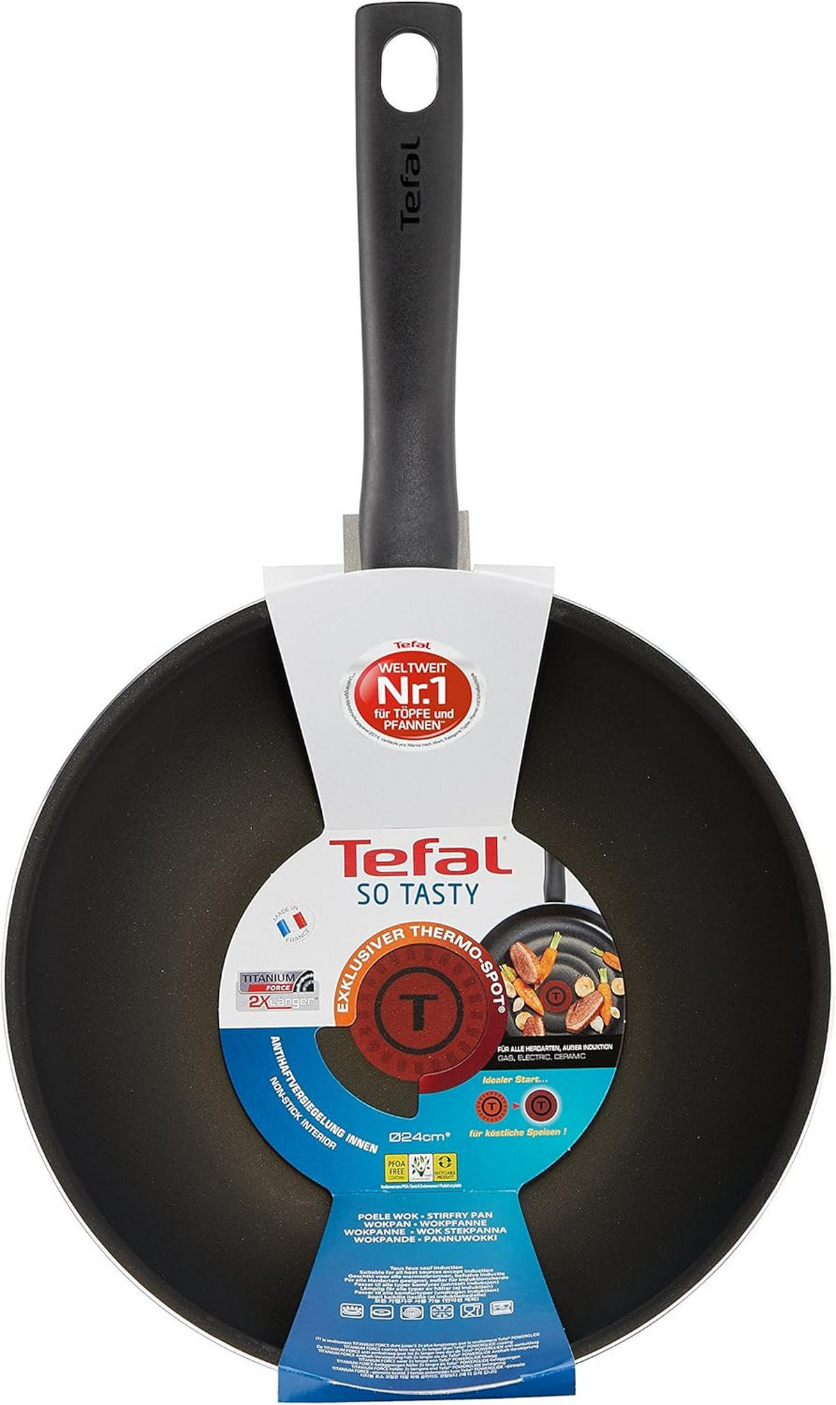 WOKPFANNE So Tasty Titanium Force 24 cm Schwarz induktionsgeeignet Antihaftbeschichtung kratzfest ofenfest - Schwarz, Kunststoff/Metall (24cm) - Tefal