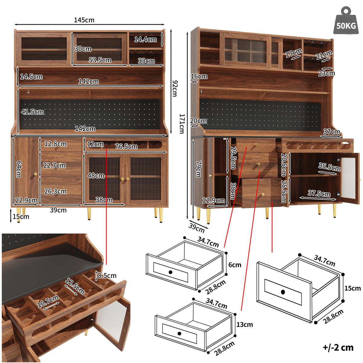 BUFFET 145/39/171 cm walnuss aus MDF und Glas mit LED - Walnussfarben, Glas (145/171/39cm) - OKWISH