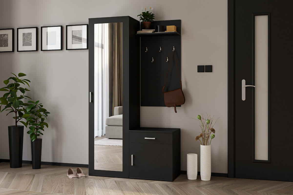 GARDEROBE Patricia 100 cm mit Spiegel, mit Schuhschrank und Schublade, schwarz - Schwarz, Kunststoff (100/181/35cm) - Margaret Hadas24