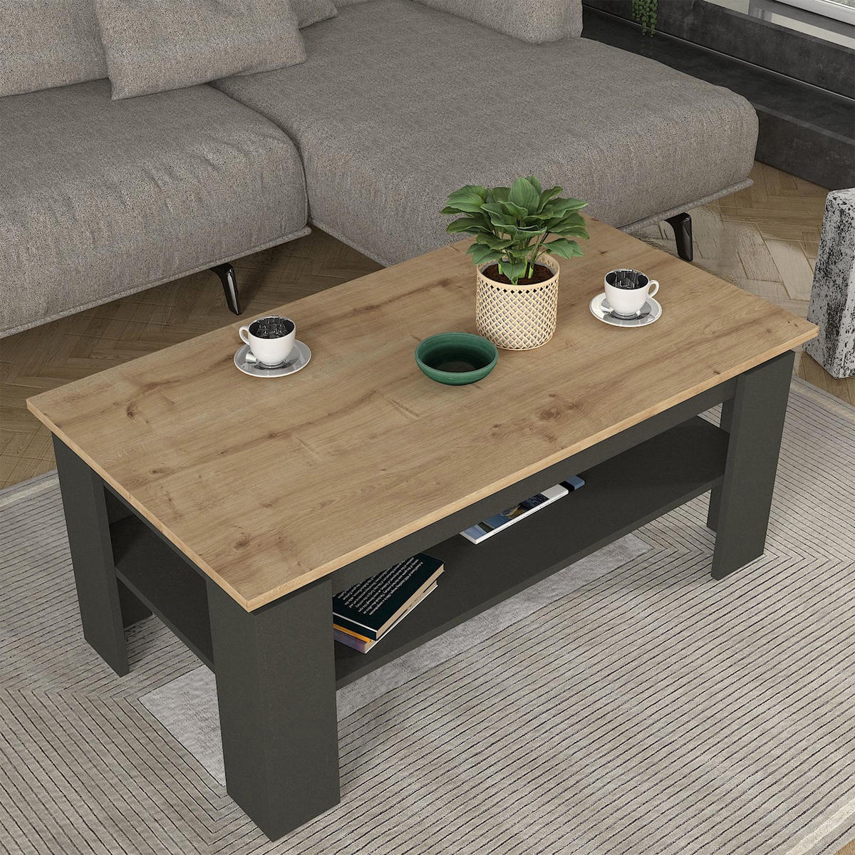 COUCHTISCH Krirdfjos 110/60/47 cm - Eichefarben/Anthrazit, Holzwerkstoff (60/110/47cm) - [en.casa]
