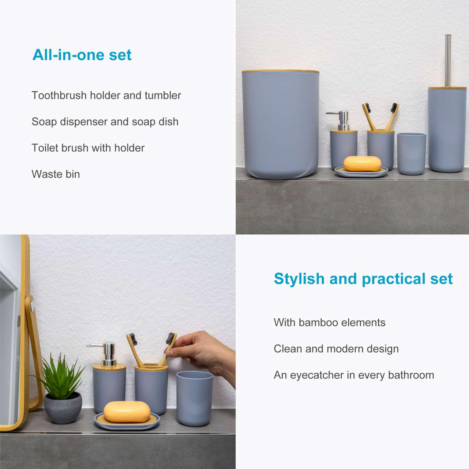 BADEZIMMER ZUBEHÖR SET (6-tlg.) mit Zahnputzbecher Seifenschale Seifenspender Toilettenbürste - Grau, Naturmaterialien (19.5/26/19.5cm) - Intirilife