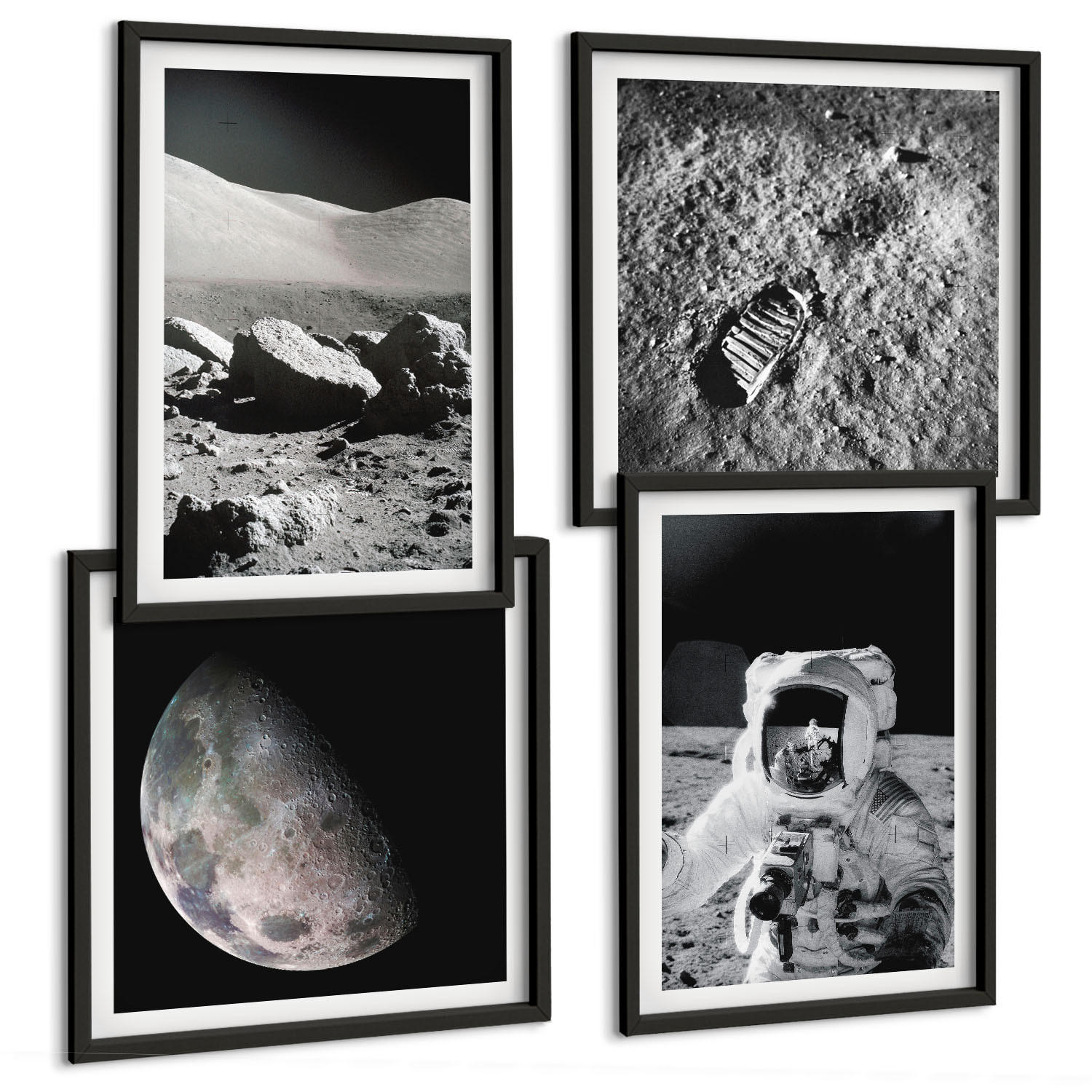 BILDER SET 4er Set - 50x50 cm & 40x60 cm Schwarzer Rahmen - Fußabdruck eines Astronauten auf dem Mond - Schwarz, Kunststoff (50/50cm) - TULUP