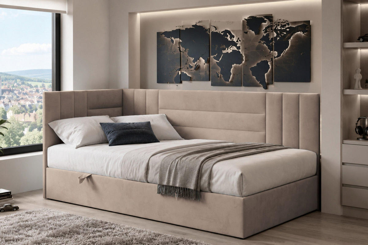 BOXBETT KAYA 100/200 in Velours Beige H4 links - Beige, Holz/Holzwerkstoff (100/200cm) - Deine Möbel 24